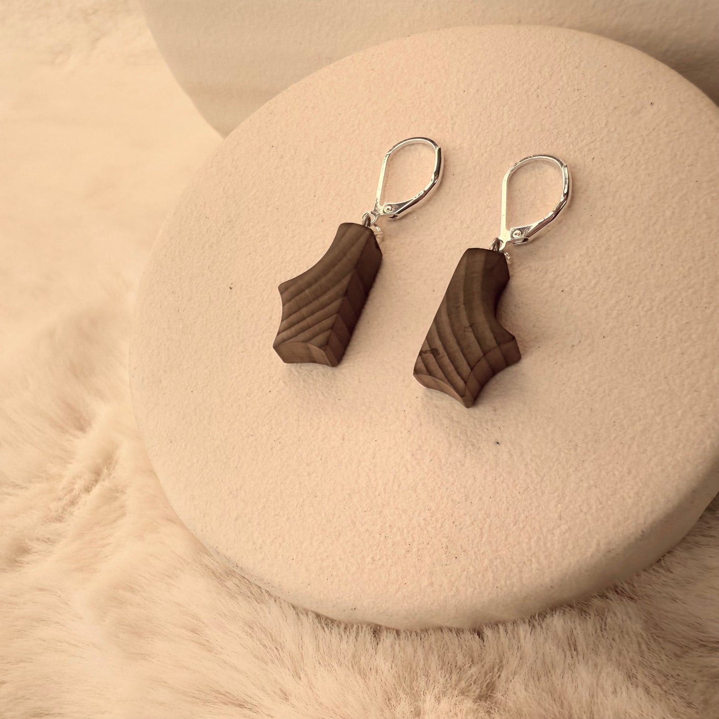 Handcrafted earrings made from ancient bog wood with 925 sterling silver hooks, featuring unique grain and natural wood tones