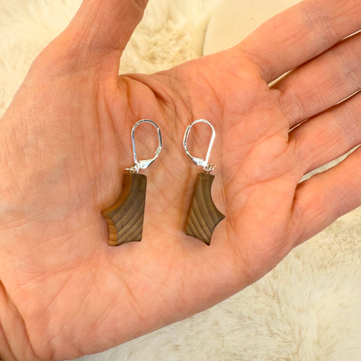 Unique organic earrings made from bog wood with sterling silver hooks, displayed on a minimalist background