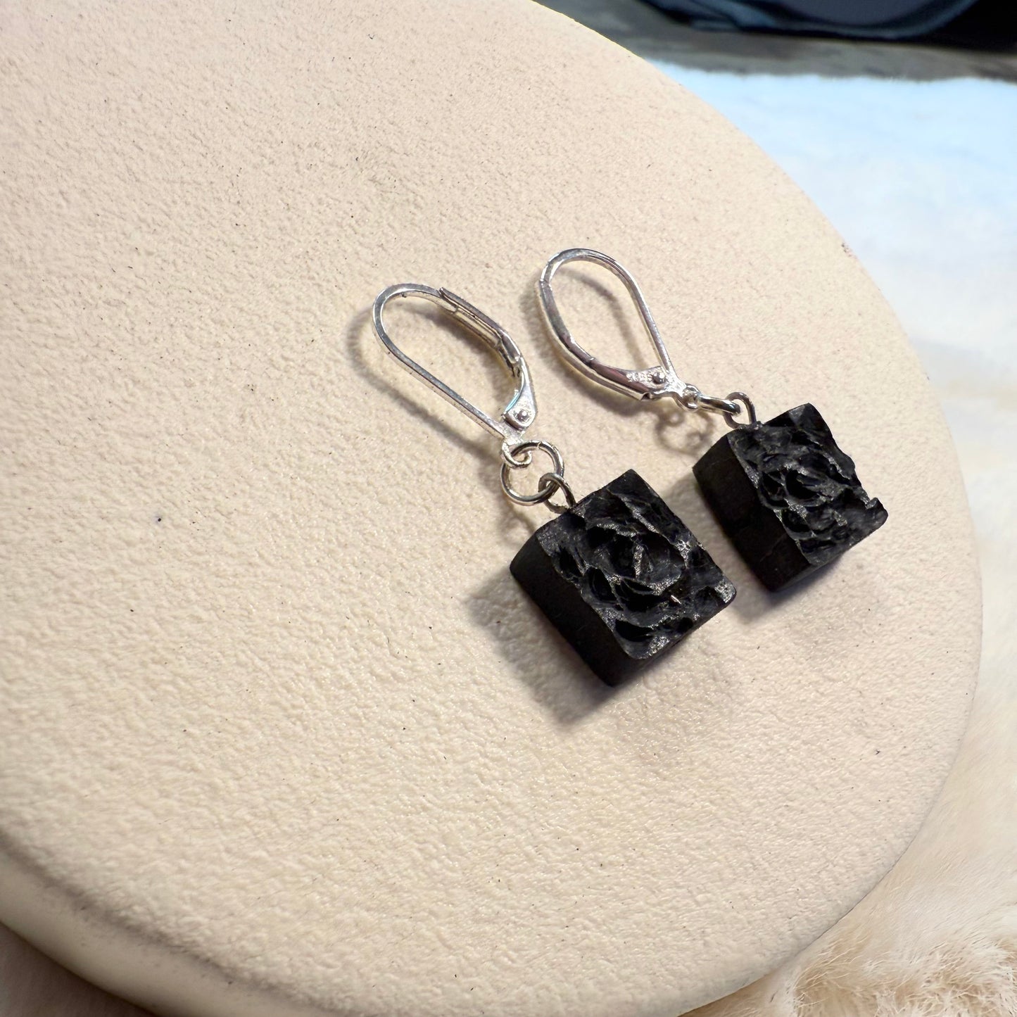 Eco-friendly jewelry packaging with handmade bog oak earrings inside