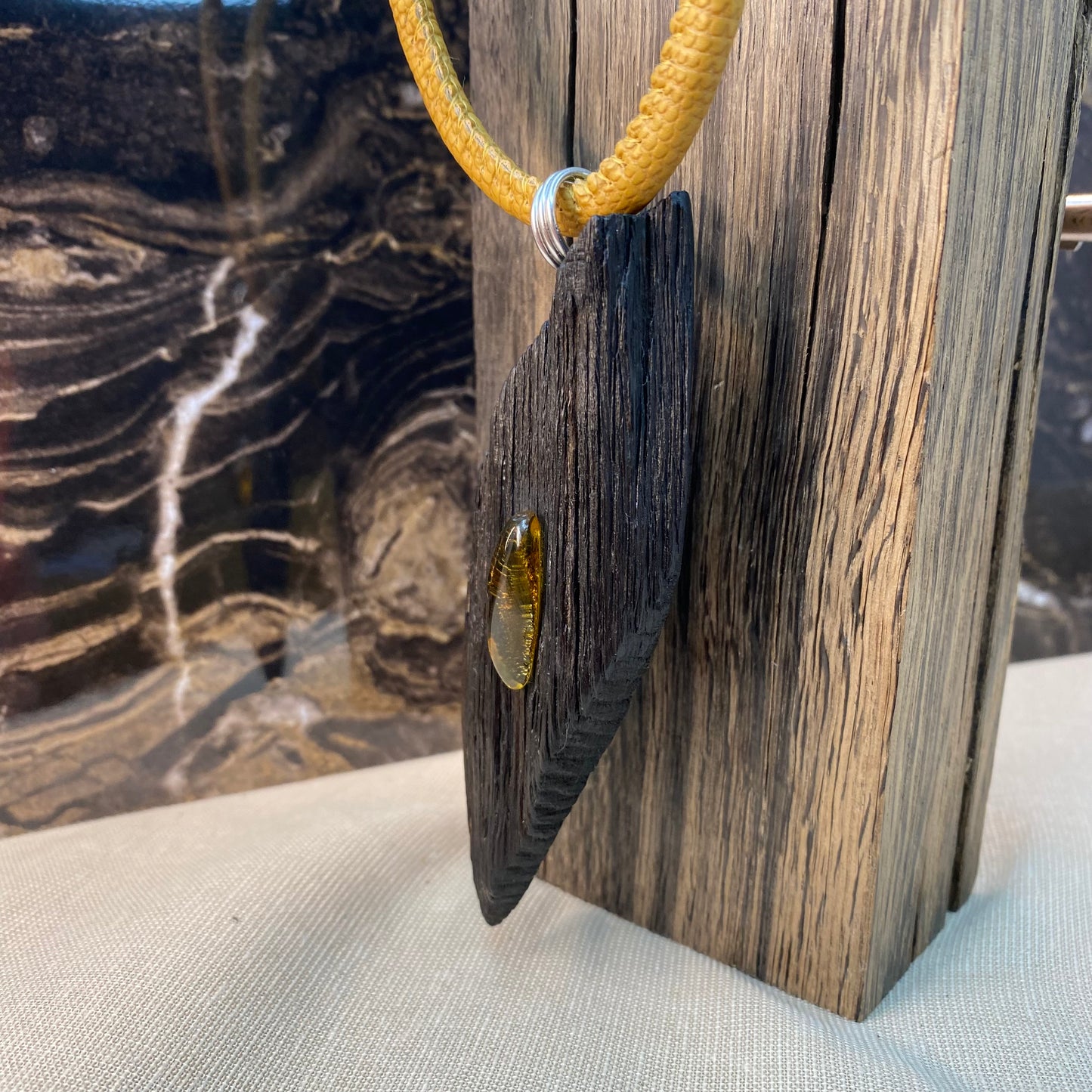 Irish Bog Oak Raw Pendant with Amber Stone - Handmade