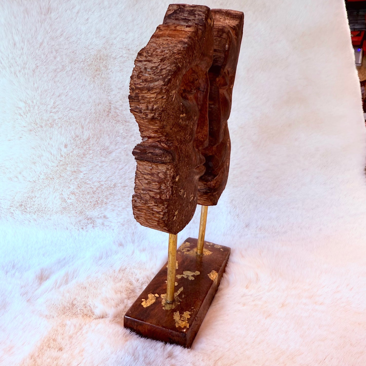 Side view of rustic bog pine sculpture – organic wood tones