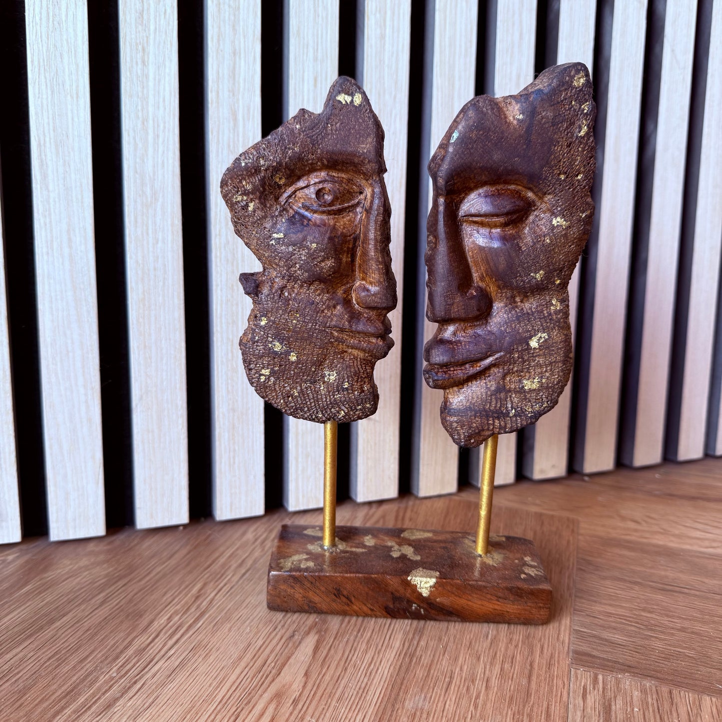 Minimalist wooden art piece carved from thousand-year-old pine