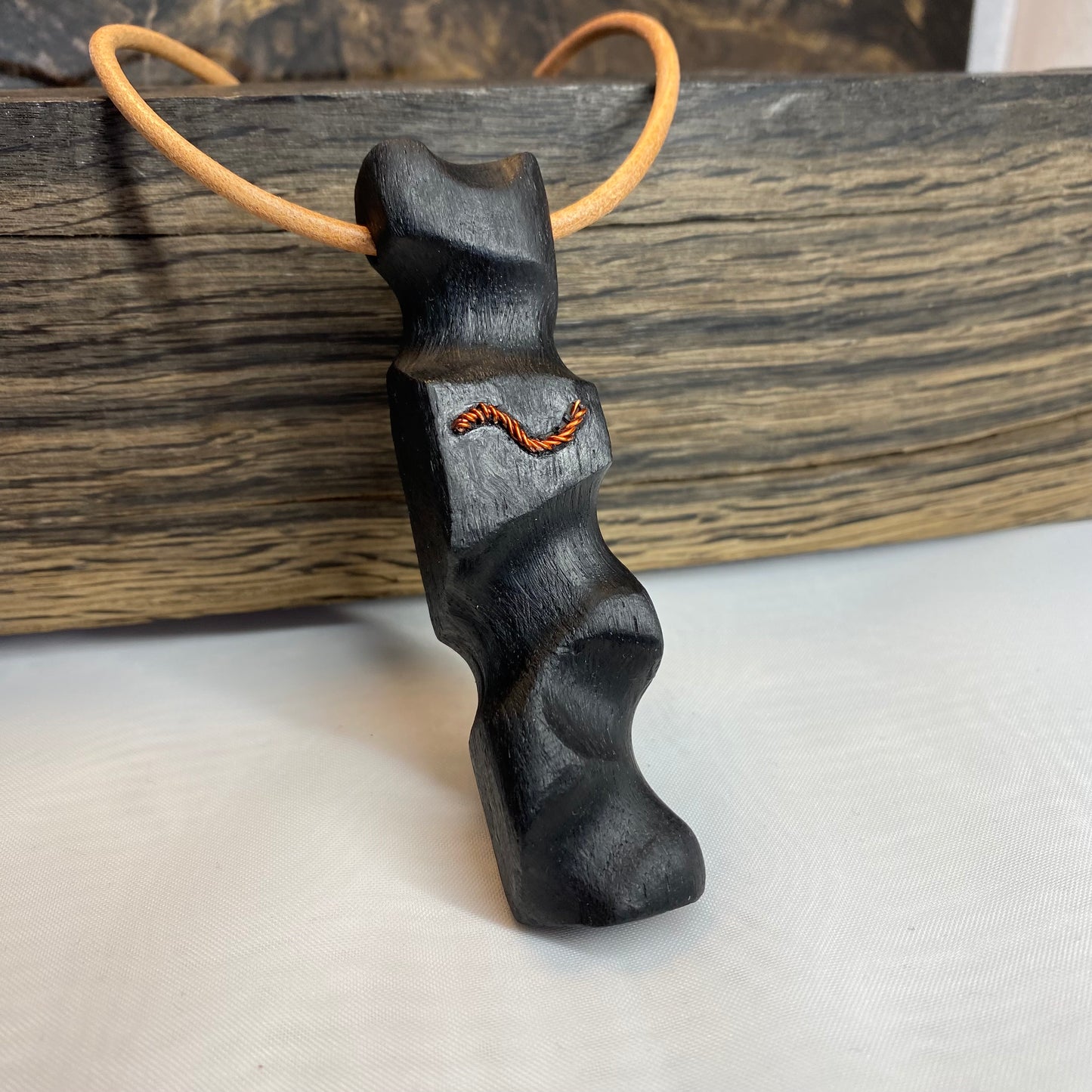 Irish Bog Oak Carved Pendant with Wire Inset Detail Gift - Handmade