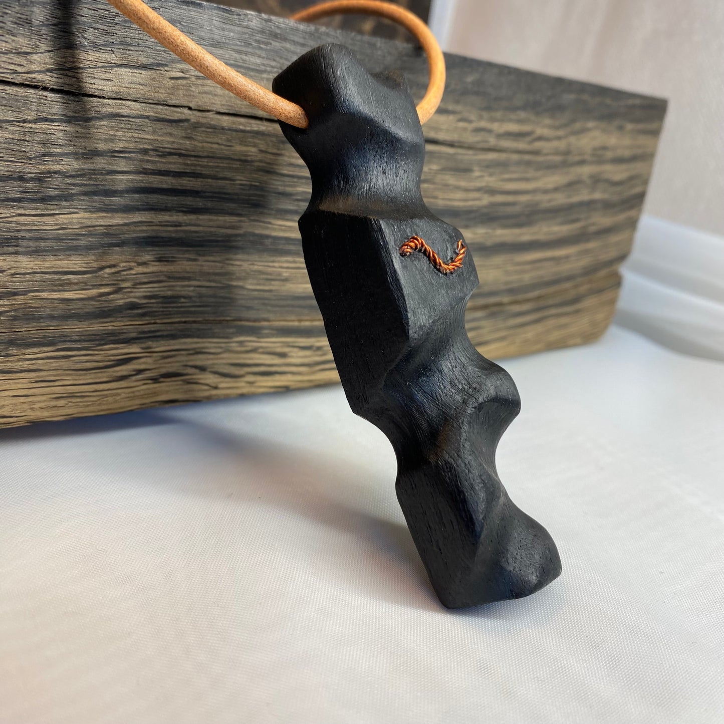 Irish Bog Oak Carved Pendant with Wire Inset Detail Gift - Handmade