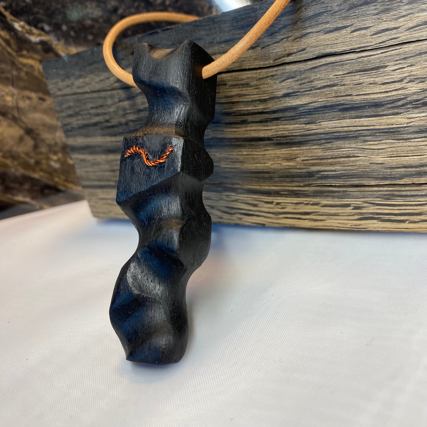 Irish Bog Oak Carved Pendant with Wire Inset Detail Gift - Handmade