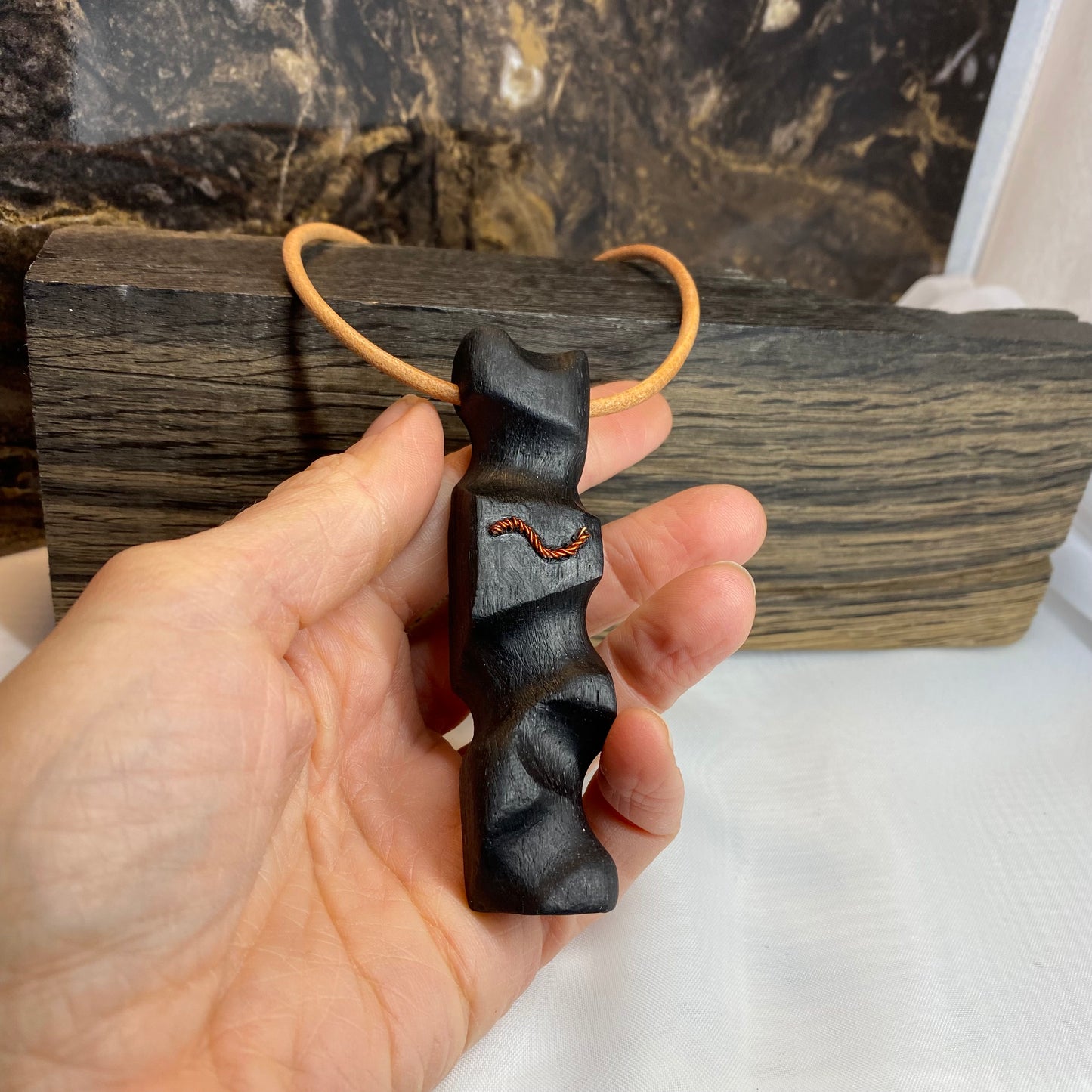 Irish Bog Oak Carved Pendant with Wire Inset Detail Gift - Handmade