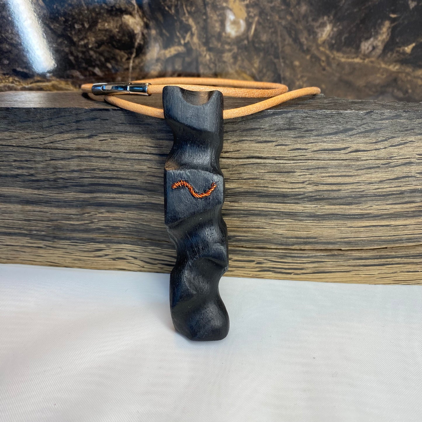 Irish Bog Oak Carved Pendant with Wire Inset Detail Gift - Handmade