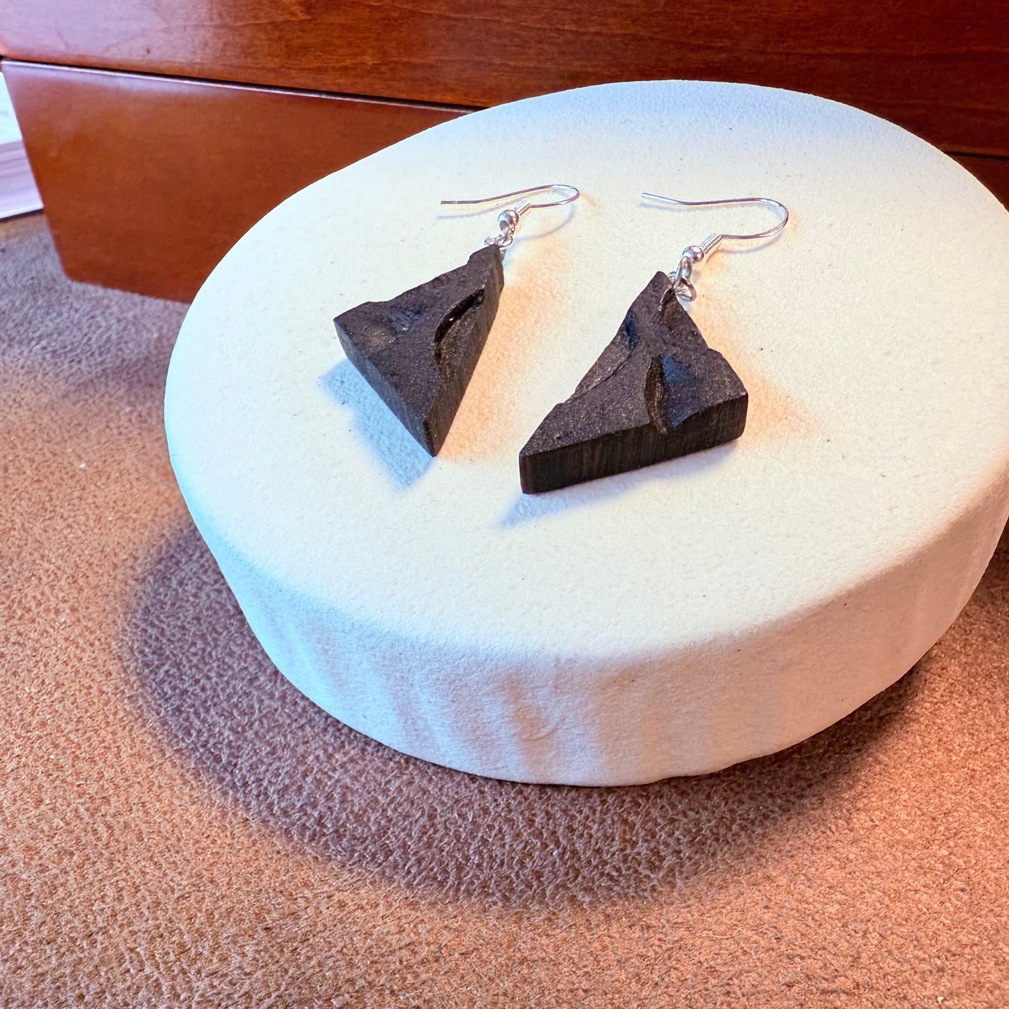 Mystical Bog Oak earrings in sustainable kraft box.