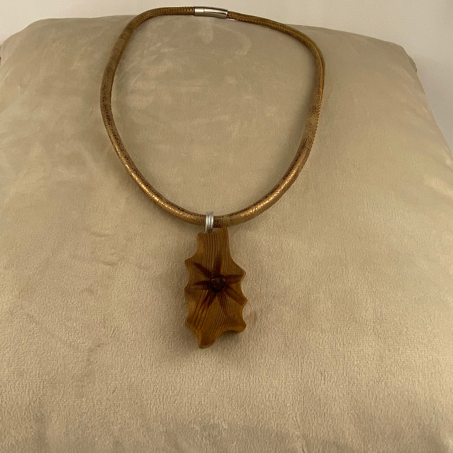 Irish Bog Pine Carved Necklace with Amber Crystal - Handmade
