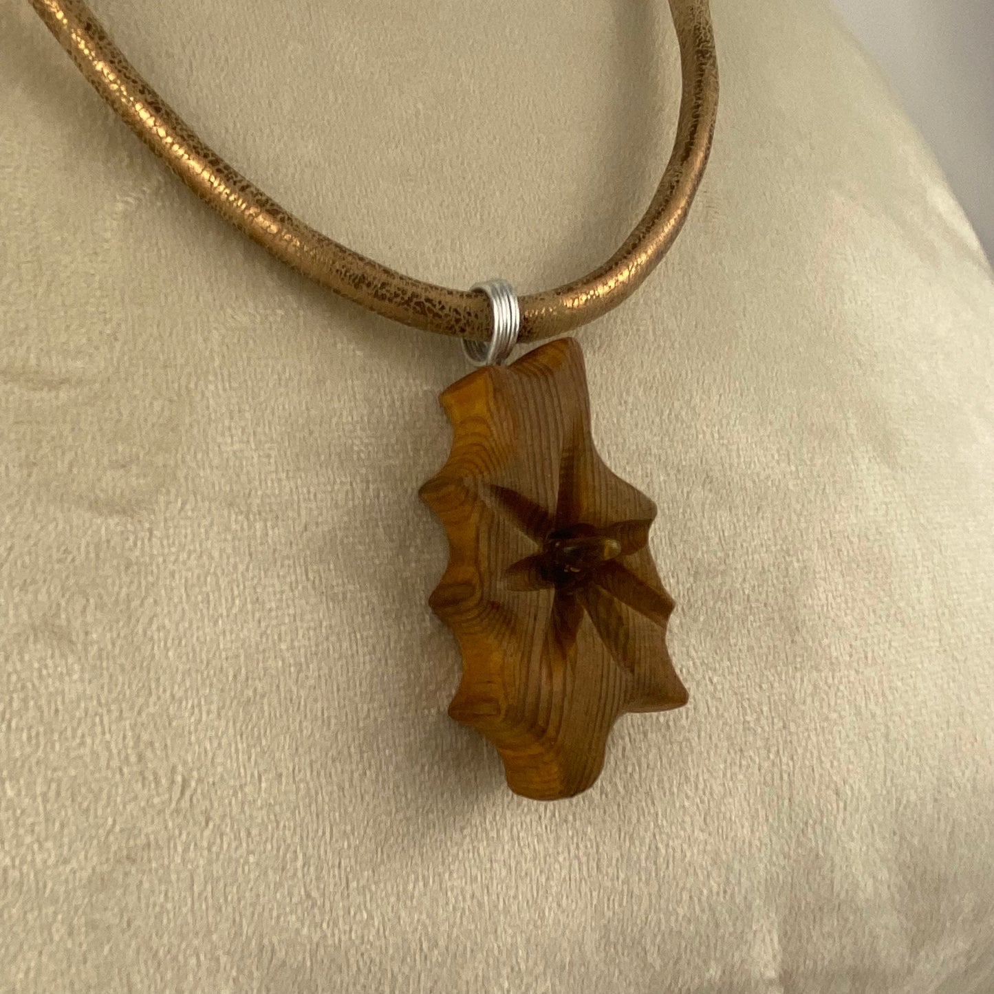 Irish Bog Pine Carved Necklace with Amber Crystal - Handmade