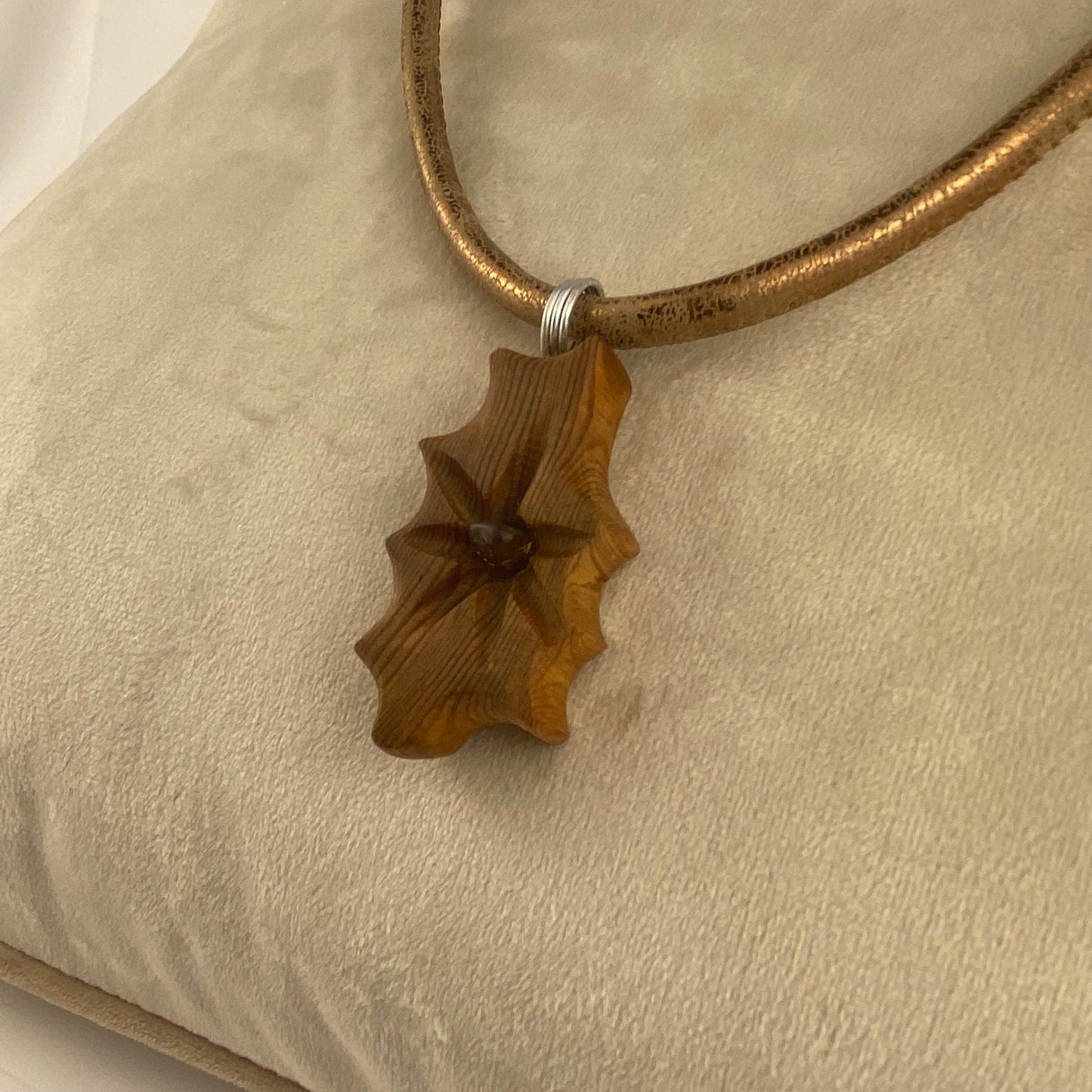 Irish Bog Pine Carved Necklace with Amber Crystal - Handmade