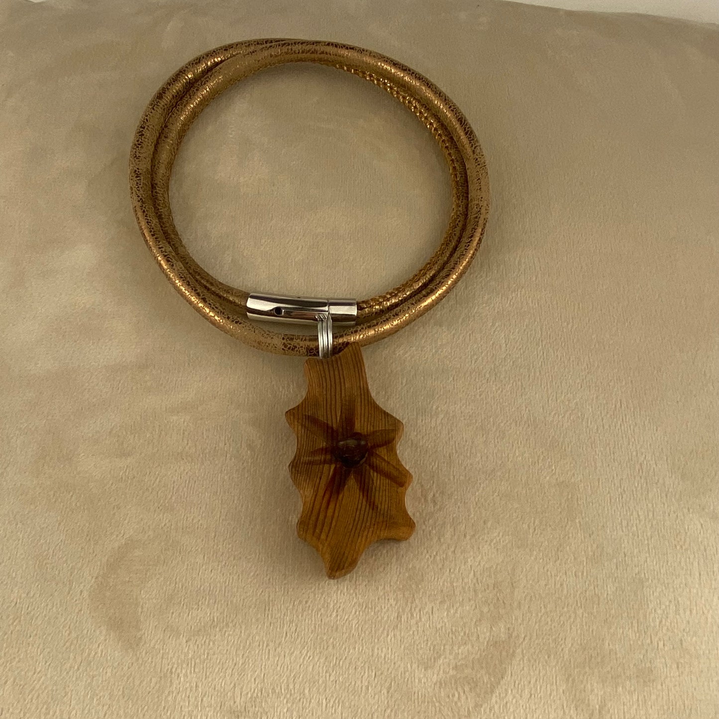 Irish Bog Pine Carved Necklace with Amber Crystal - Handmade