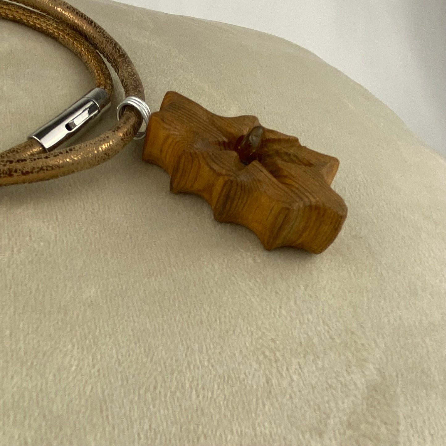 Irish Bog Pine Carved Necklace with Amber Crystal - Handmade