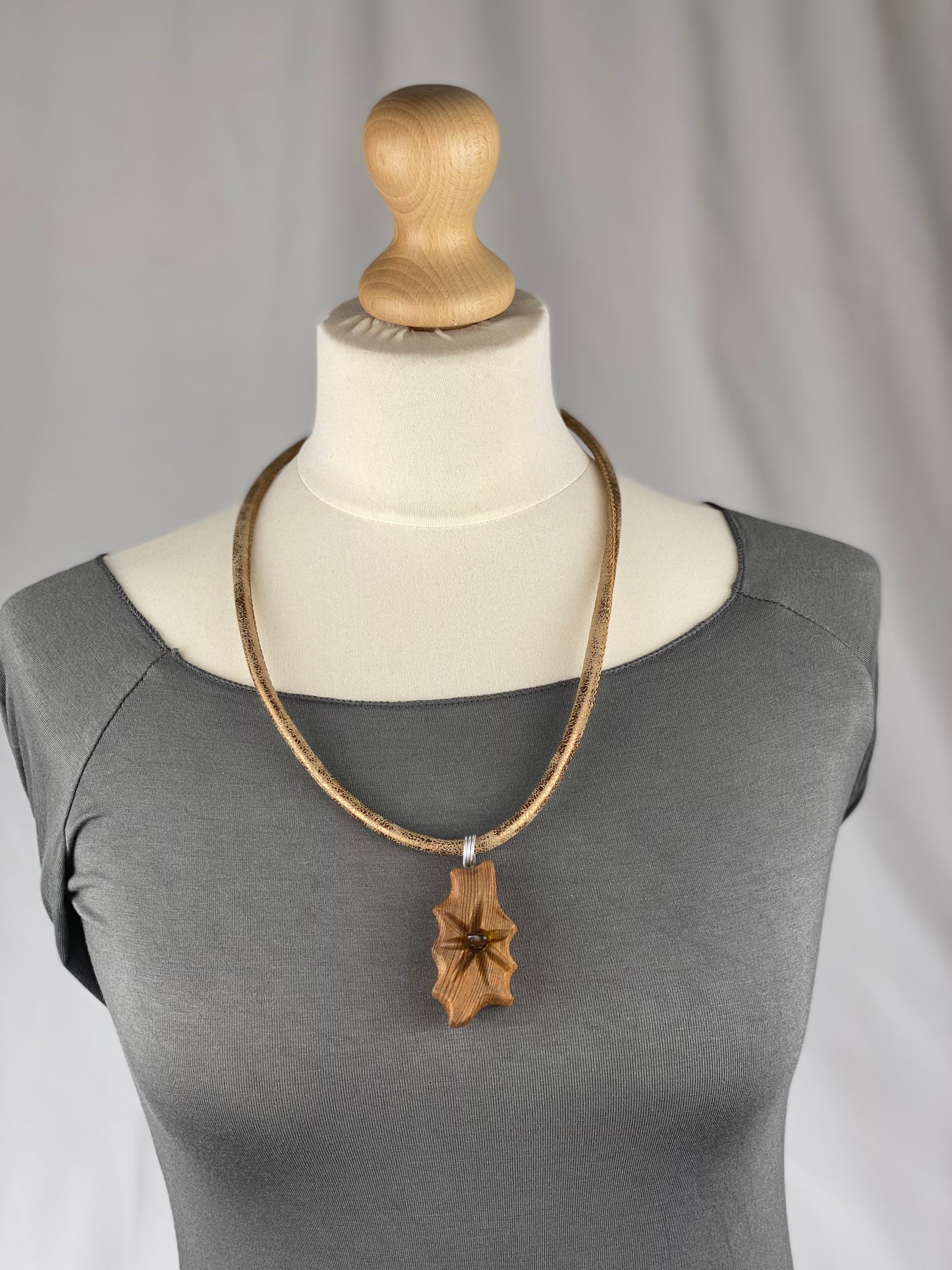 Irish Bog Pine Carved Necklace with Amber Crystal - Handmade