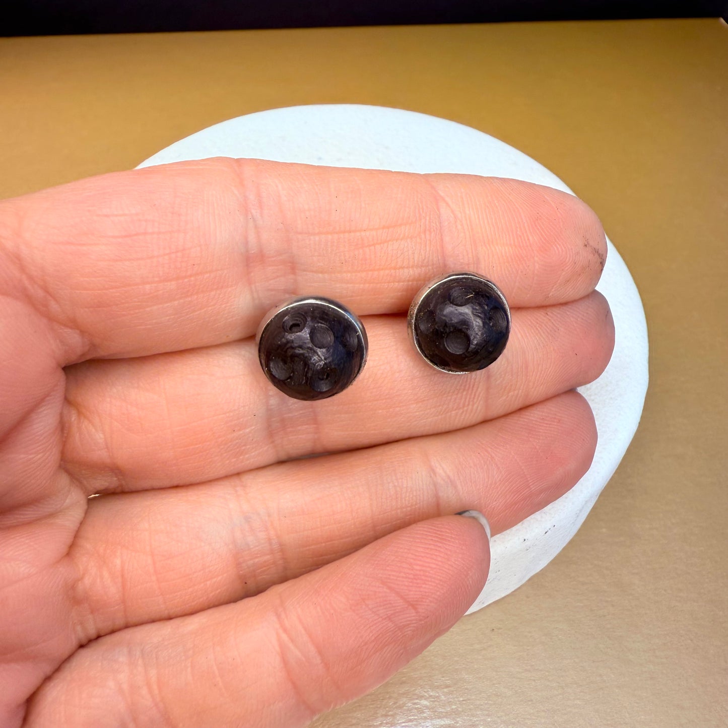 Celestial-inspired moon earrings, handcrafted wood studs, space-themed gift idea