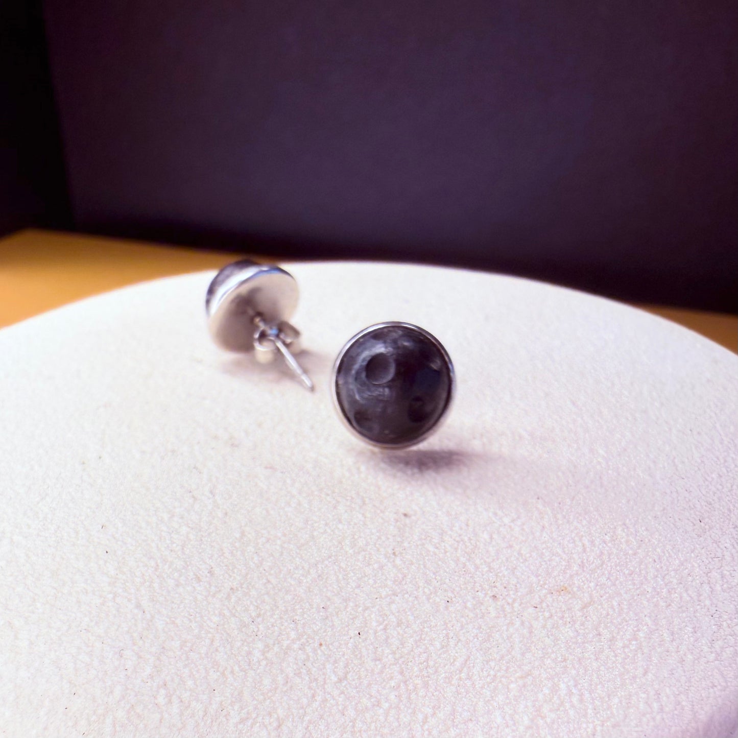Black wood moon stud earrings with lunar phase design, celestial inspired accessory