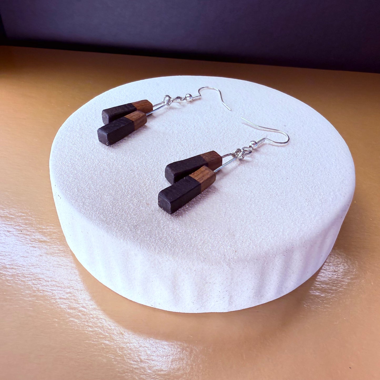 Handmade Wooden Dangle Earrings – Two-Tone Wood Drop Earrings – Minimalist Natural Wood Jewellery – Lightweight Boho Earrings for Women