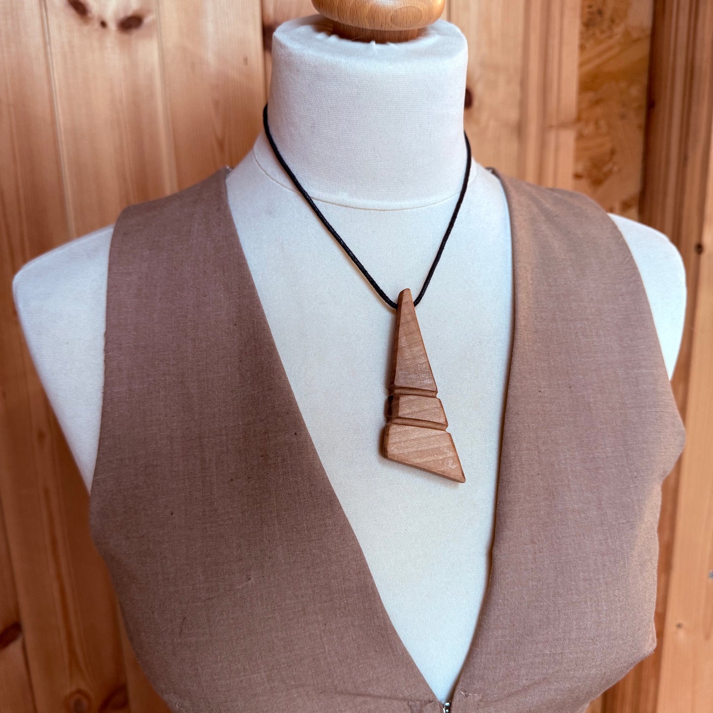 Handmade apple wood pendant necklace with adjustable waxed cord and wooden beads, natural wooden jewellery