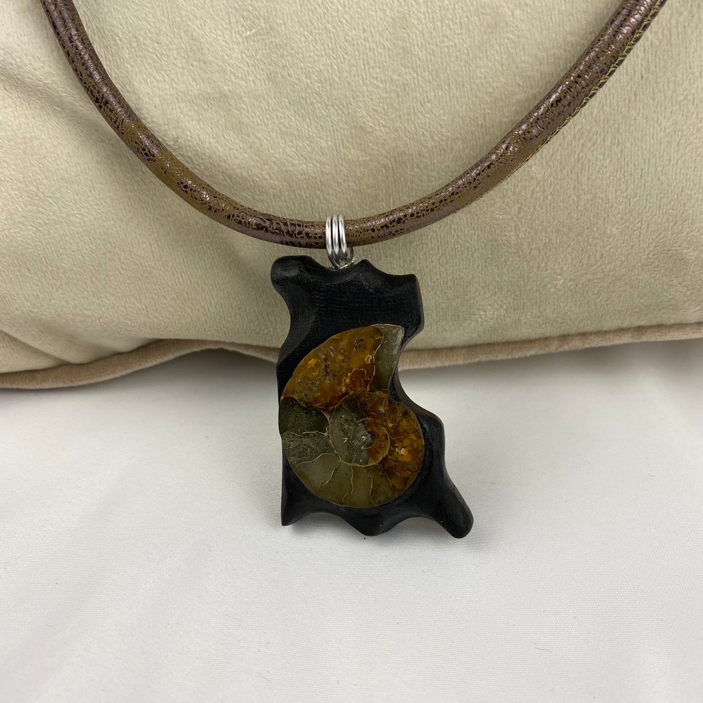 Irish Bog Oak Carved Pendant with Fossil - Handmade