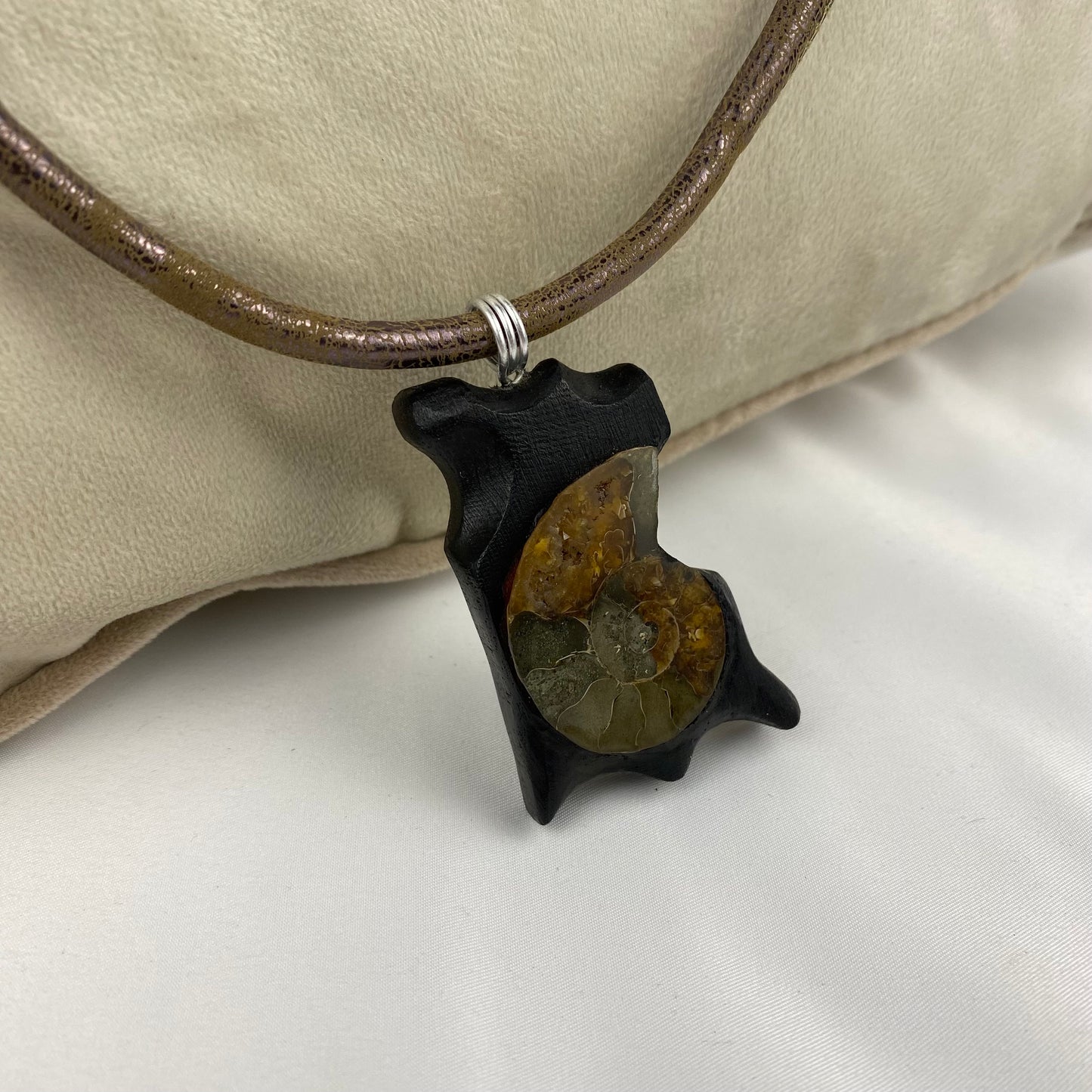 Irish Bog Oak Carved Pendant with Fossil - Handmade