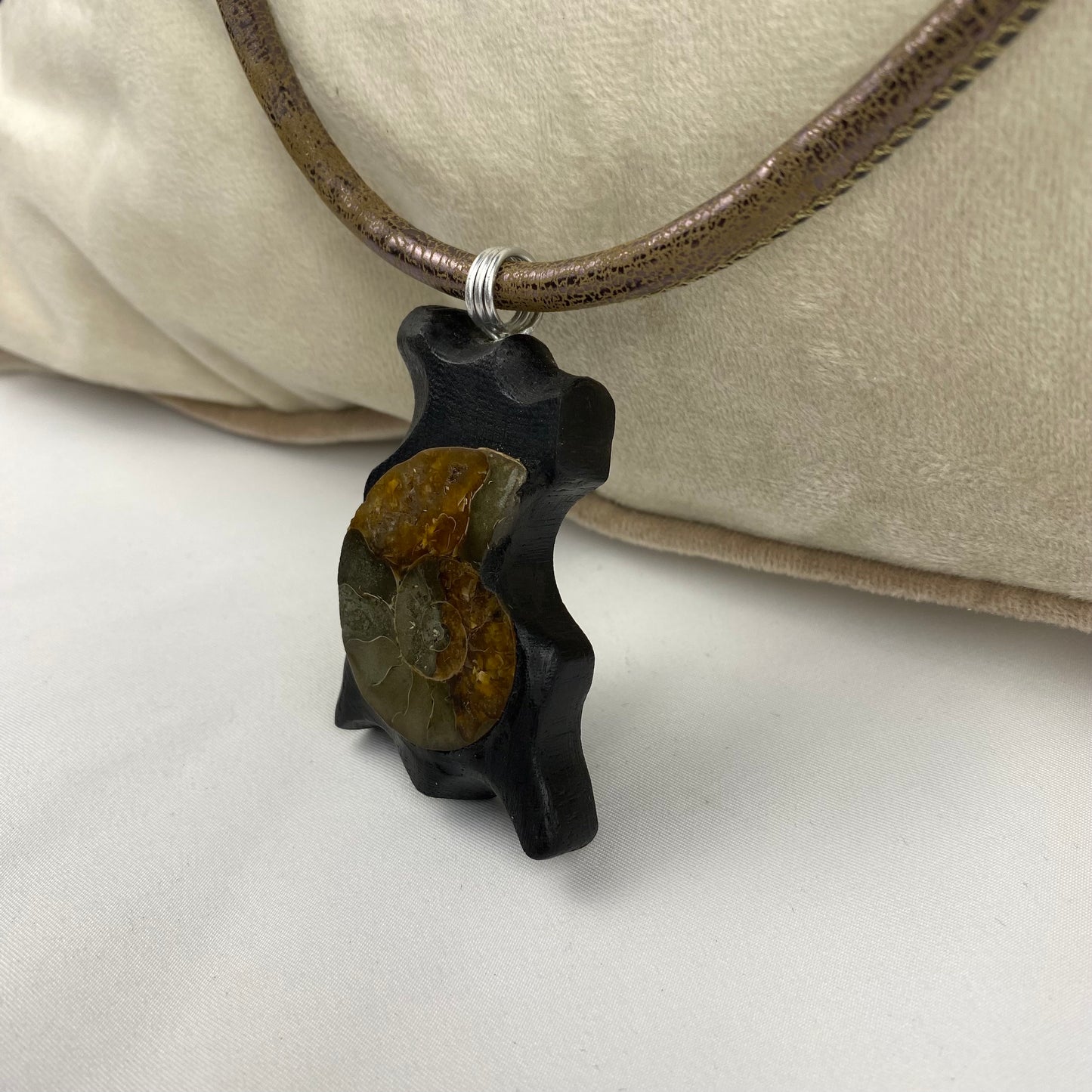Irish Bog Oak Carved Pendant with Fossil - Handmade