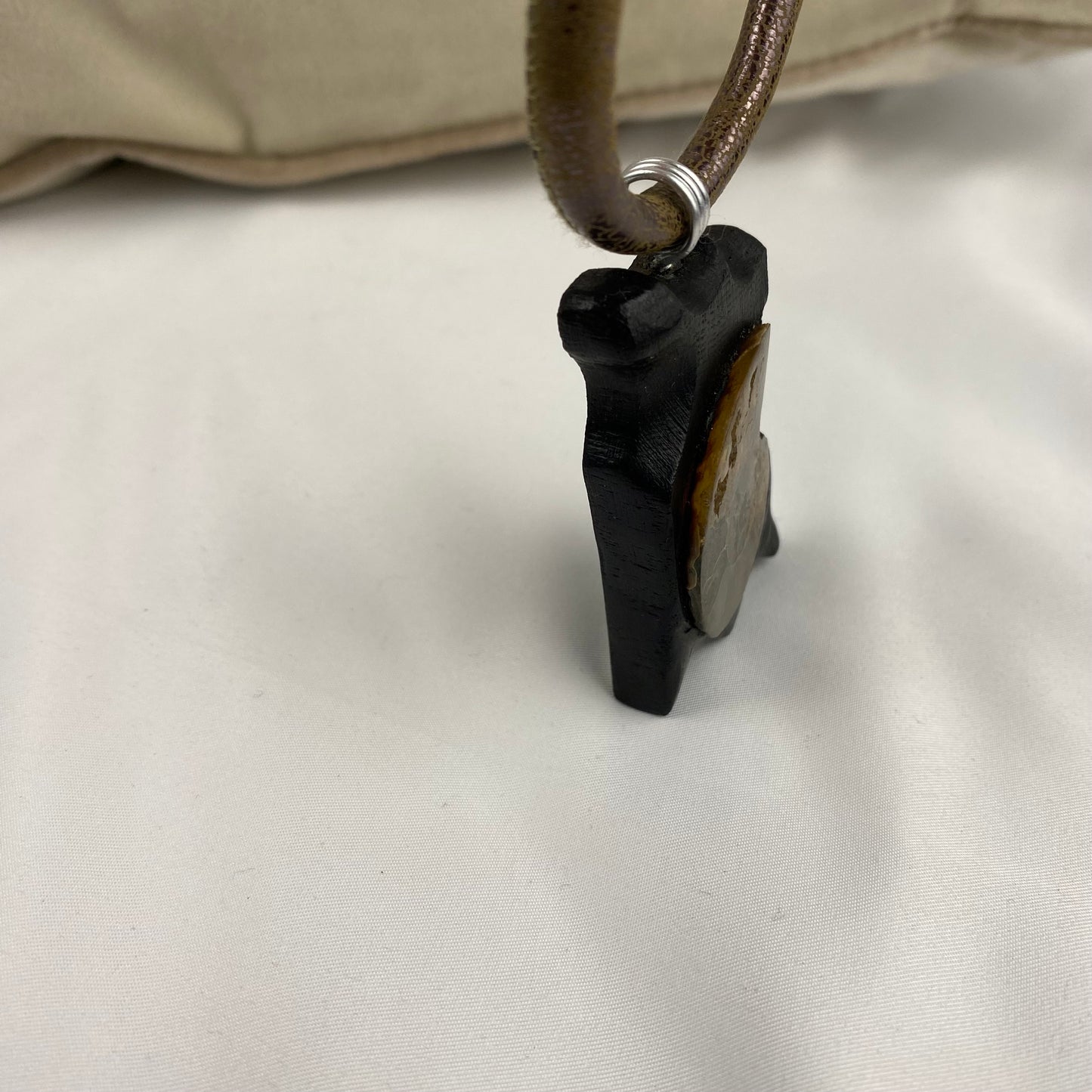 Irish Bog Oak Carved Pendant with Fossil - Handmade