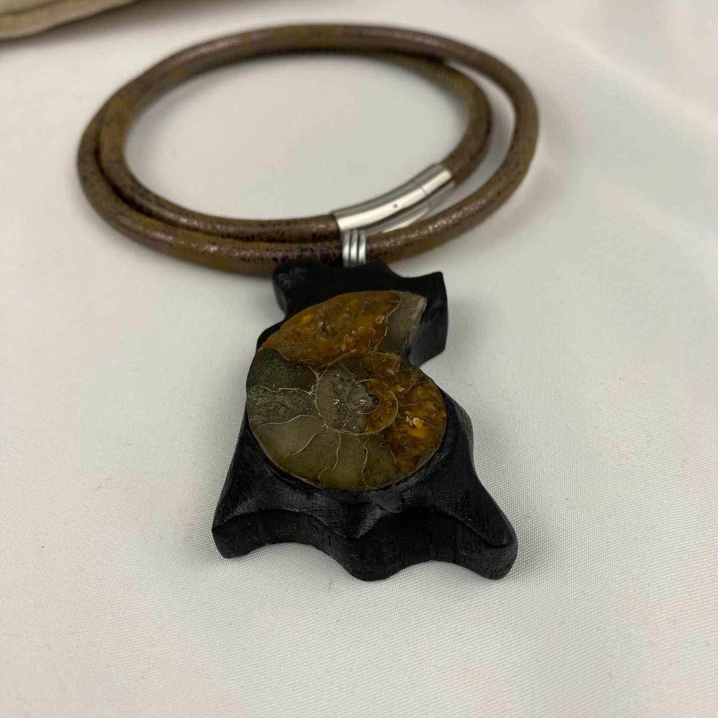 Irish Bog Oak Carved Pendant with Fossil - Handmade