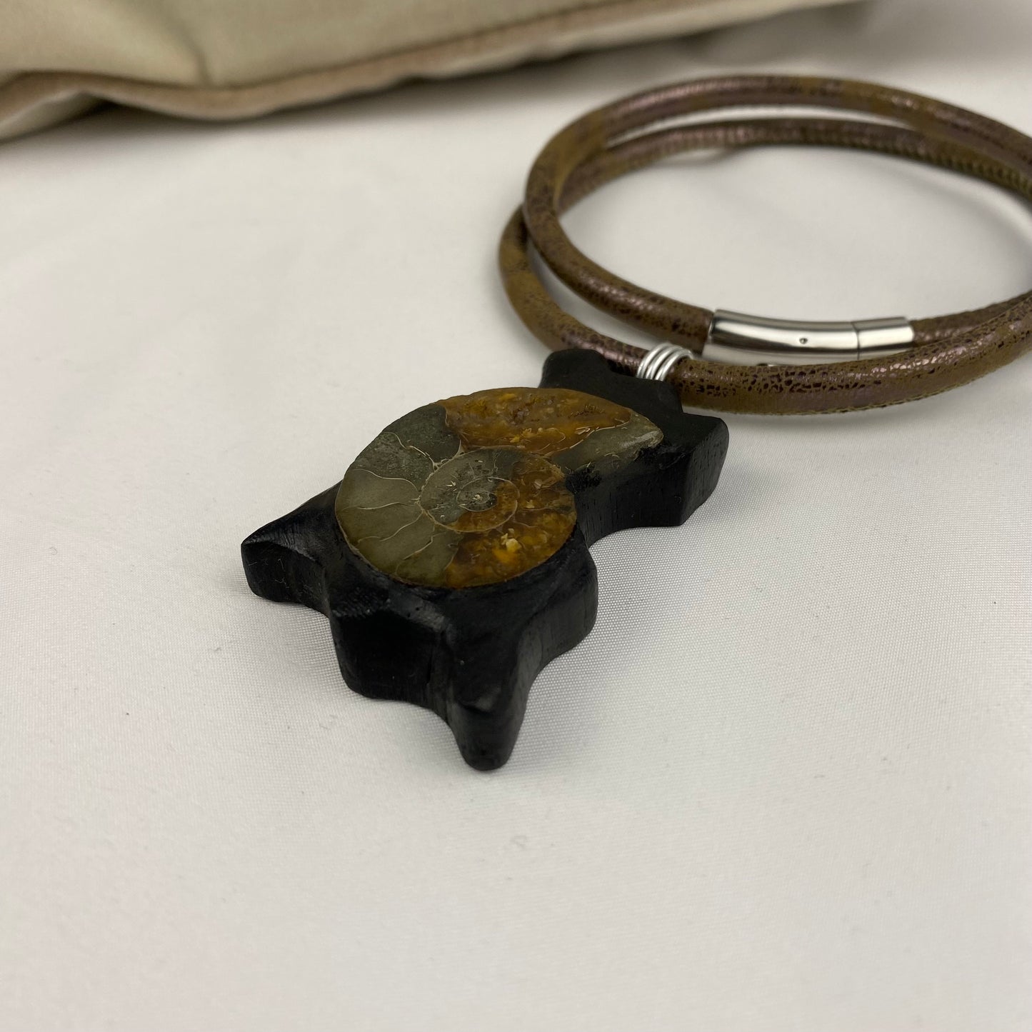 Irish Bog Oak Carved Pendant with Fossil - Handmade