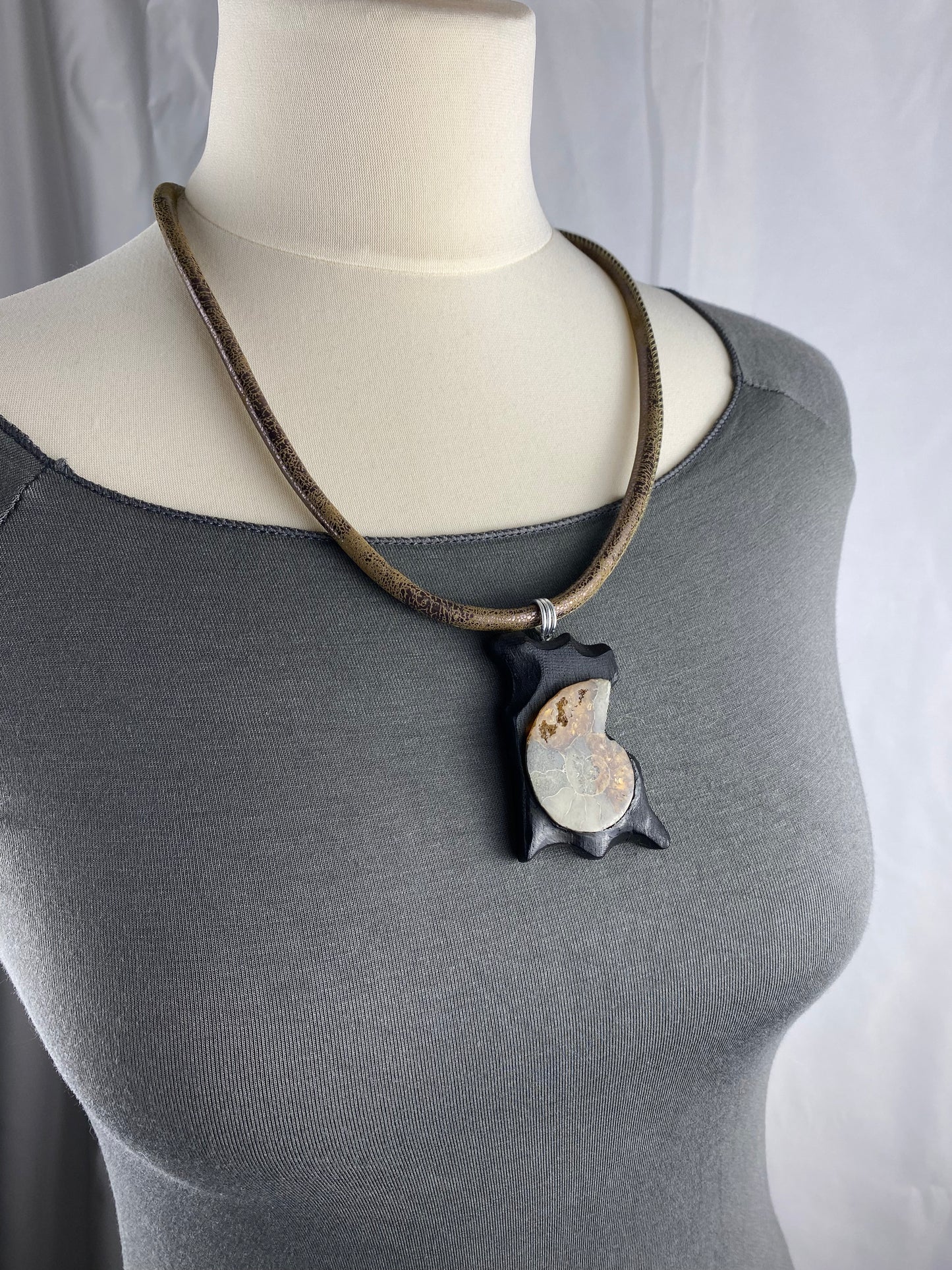 Irish Bog Oak Carved Pendant with Fossil - Handmade