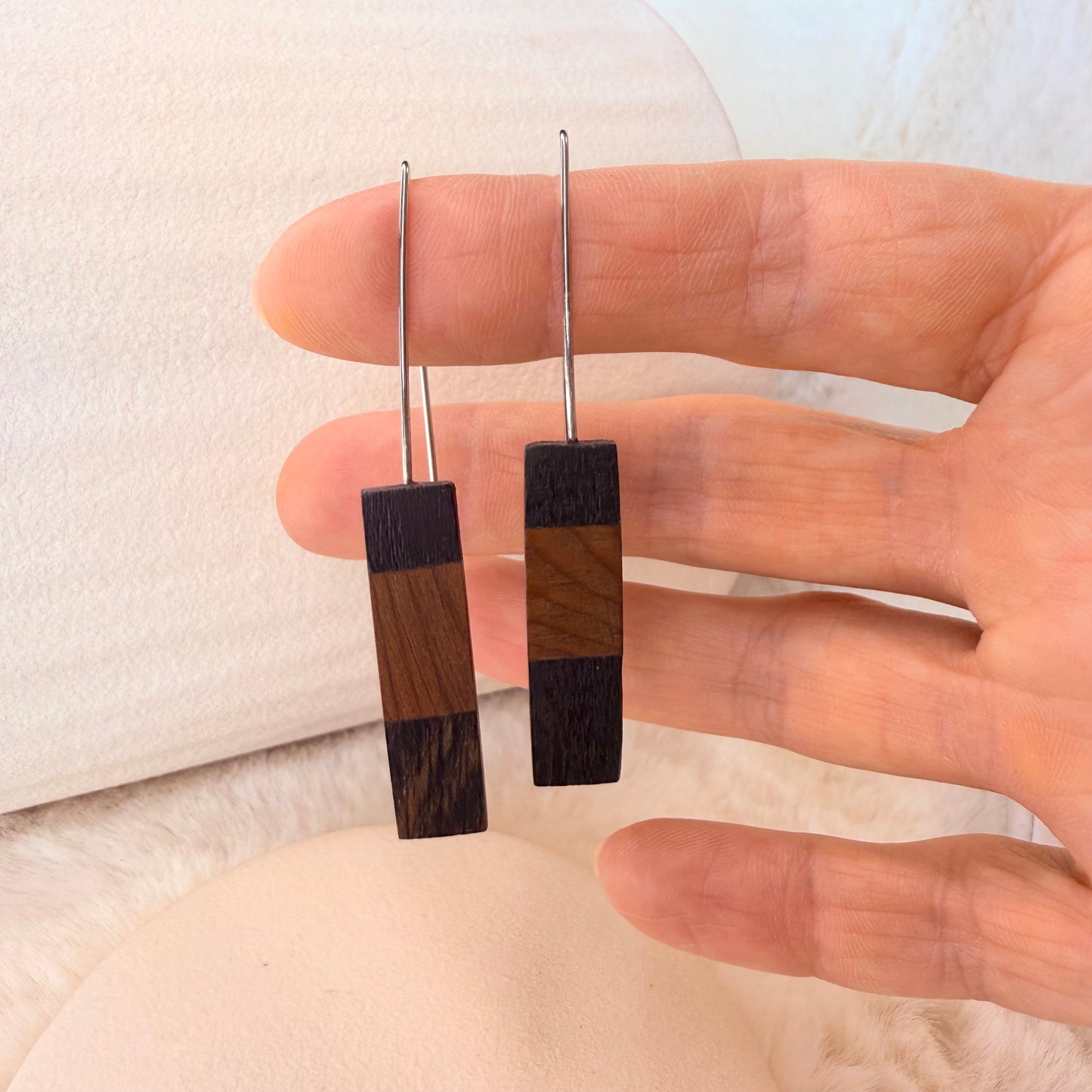 Rectangular bog wood earrings, unique handcrafted jewellery