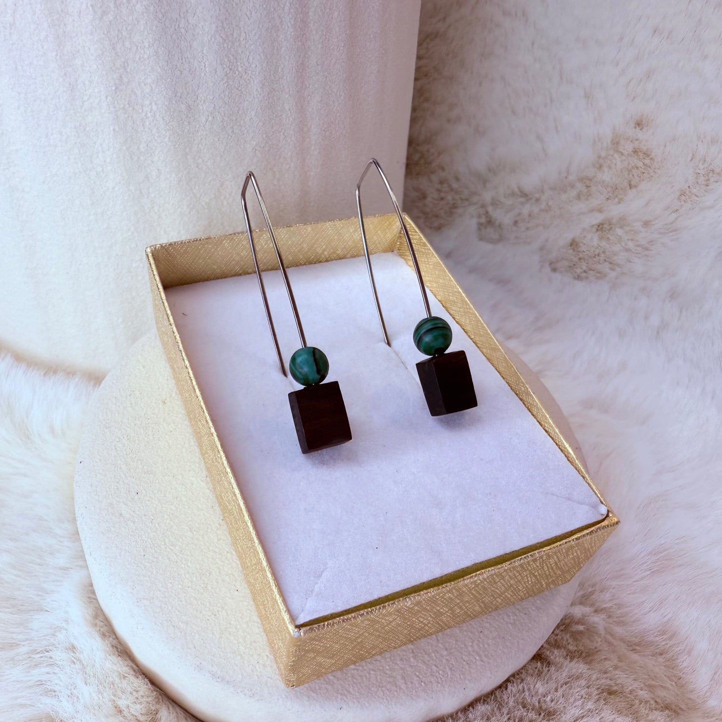 bog oak earrings with malachite stone
