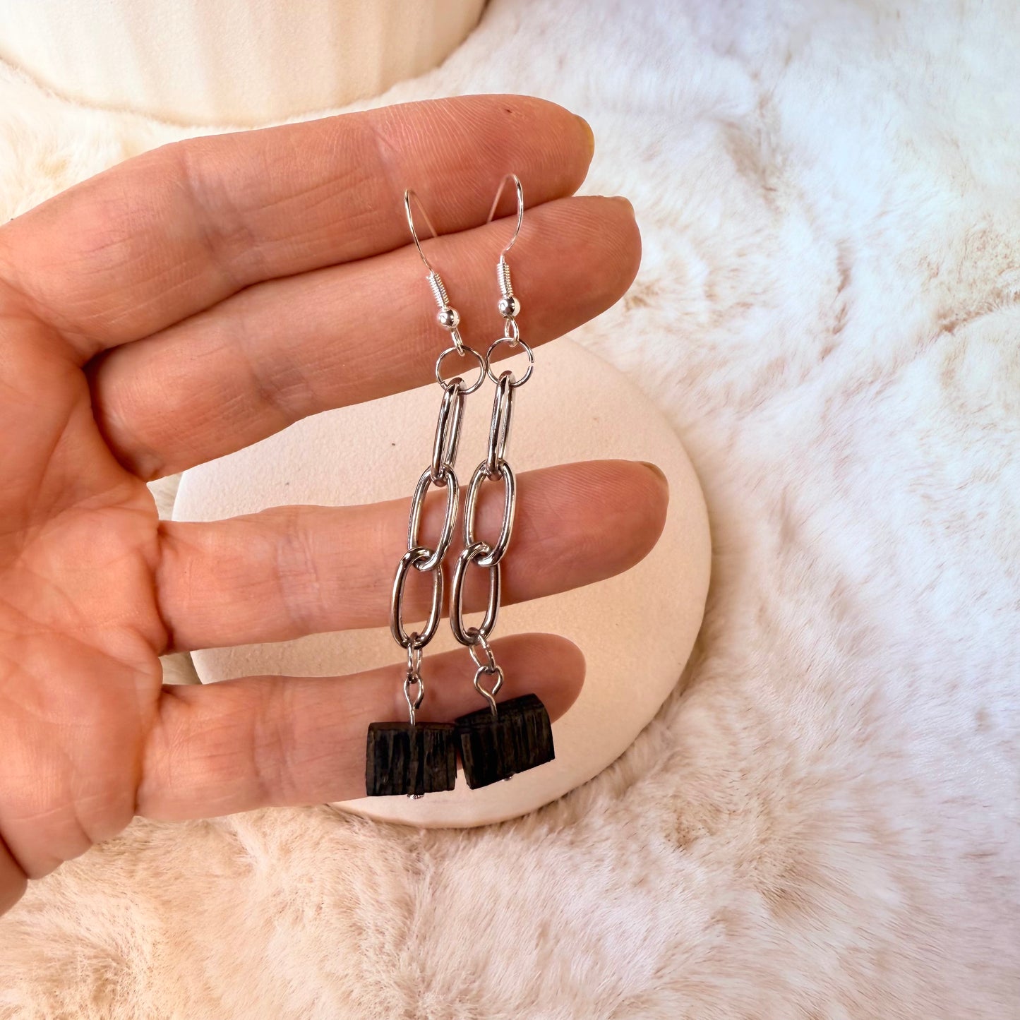 Silver chain earrings with black beads