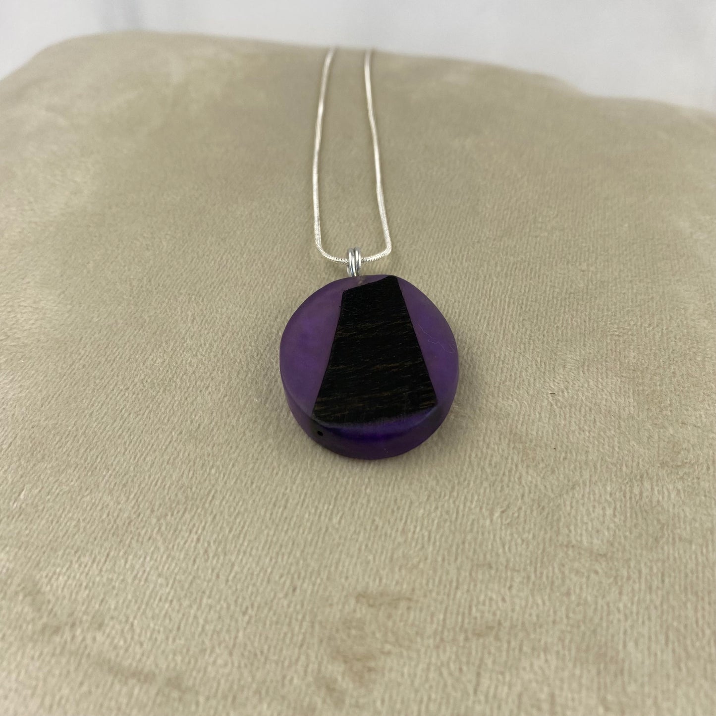 Irish Bog Oak Pendant with Violet Colour Resin on Silver Plated Chain - Handmade