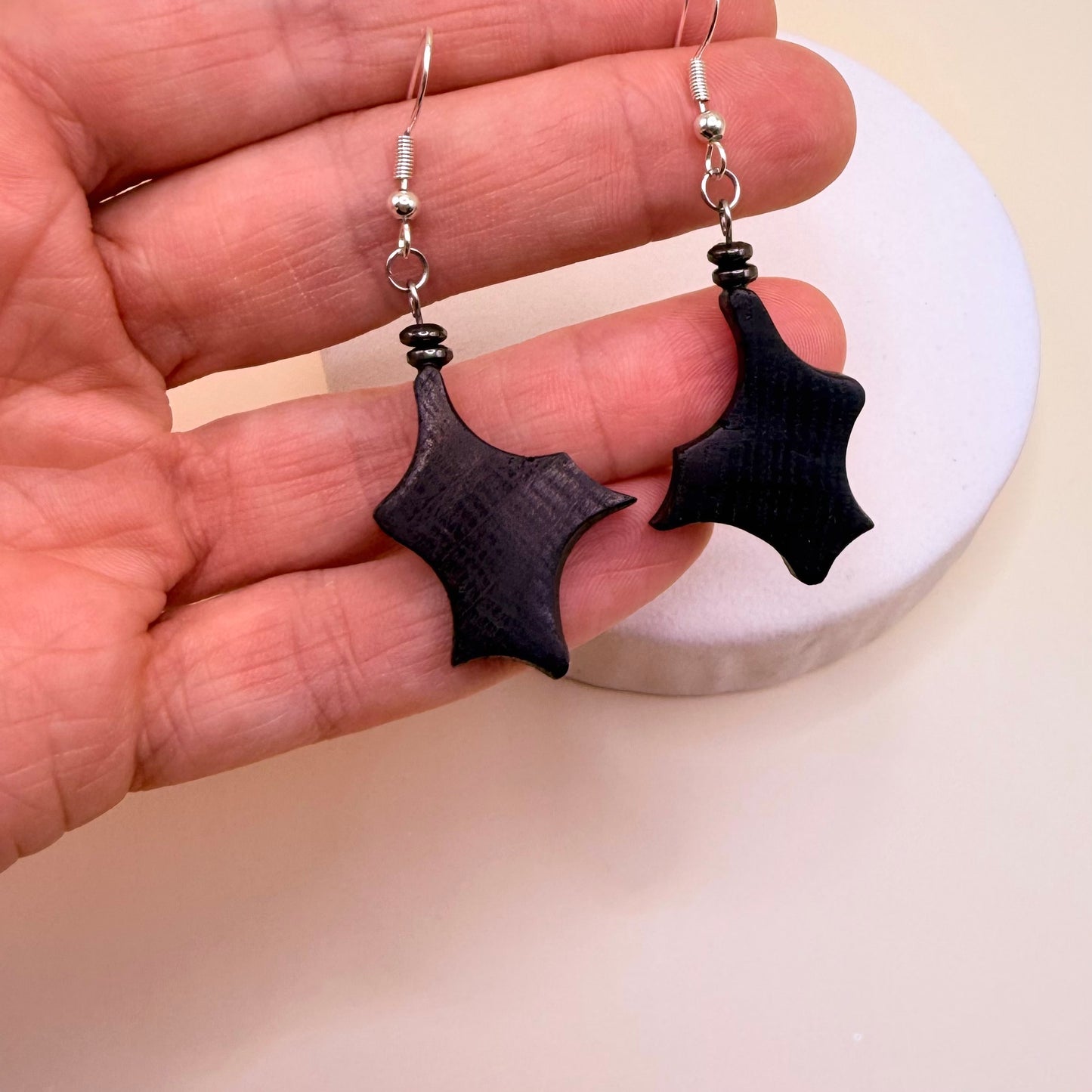 bog oak earrings with hematite stone