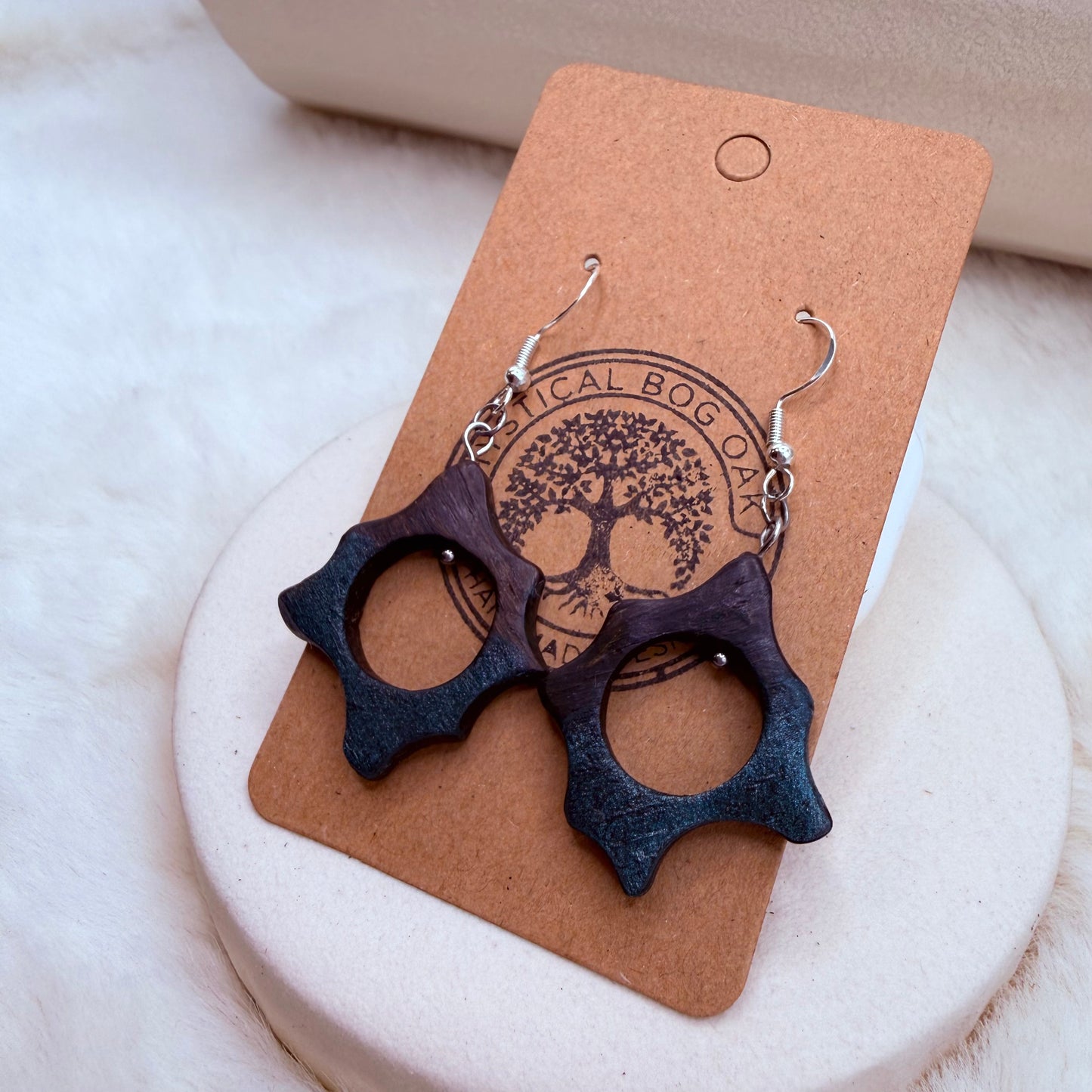 bog oak with blue earrings