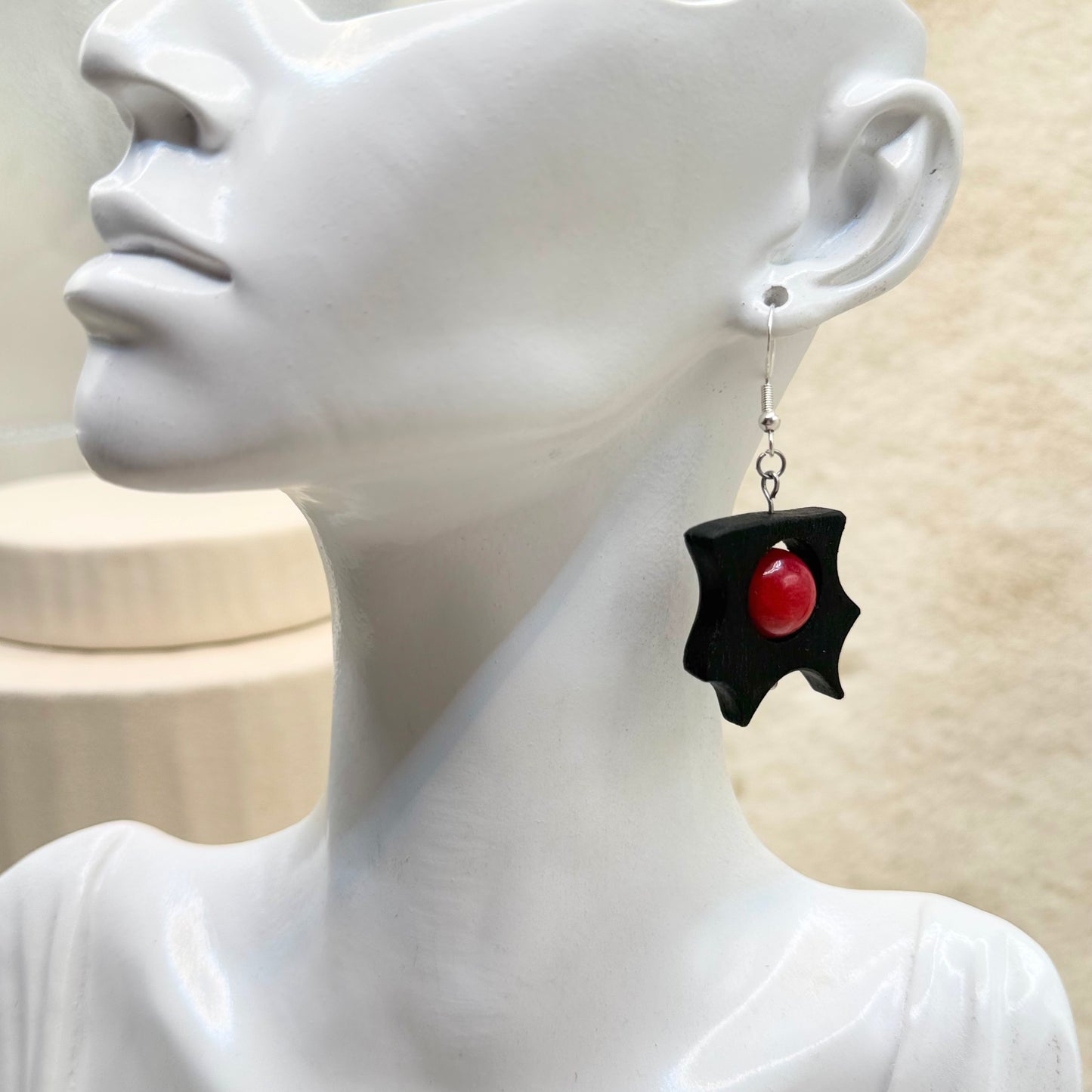 Bog Oak & Red Coral Dangle Earrings