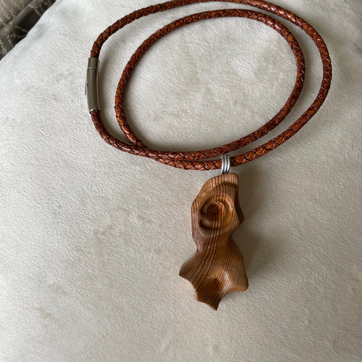 Handmade Irish Bog Pine Carved Necklace Gift on Leather Cord