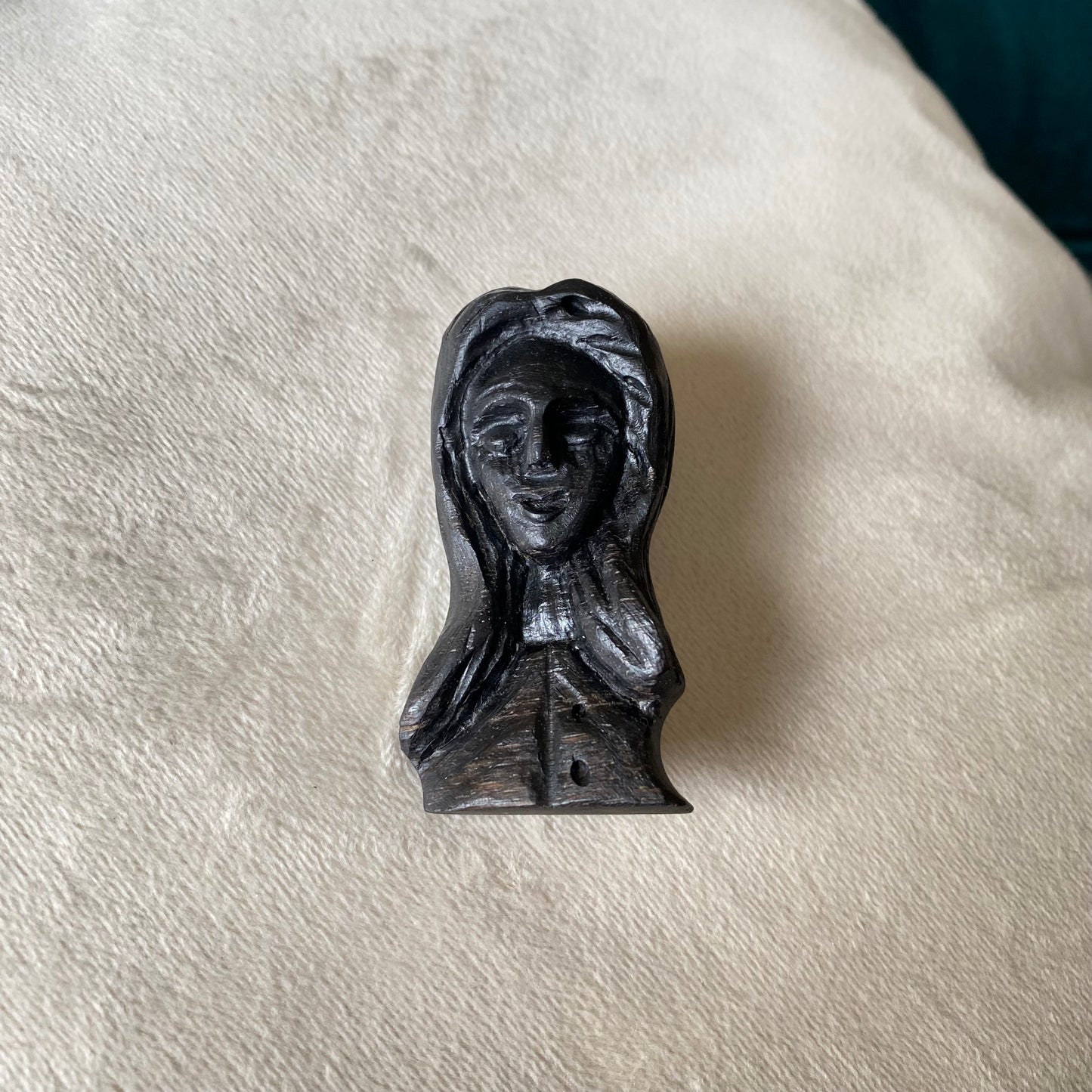Handmade Irish Bog Oak Carved Female Face Brooch