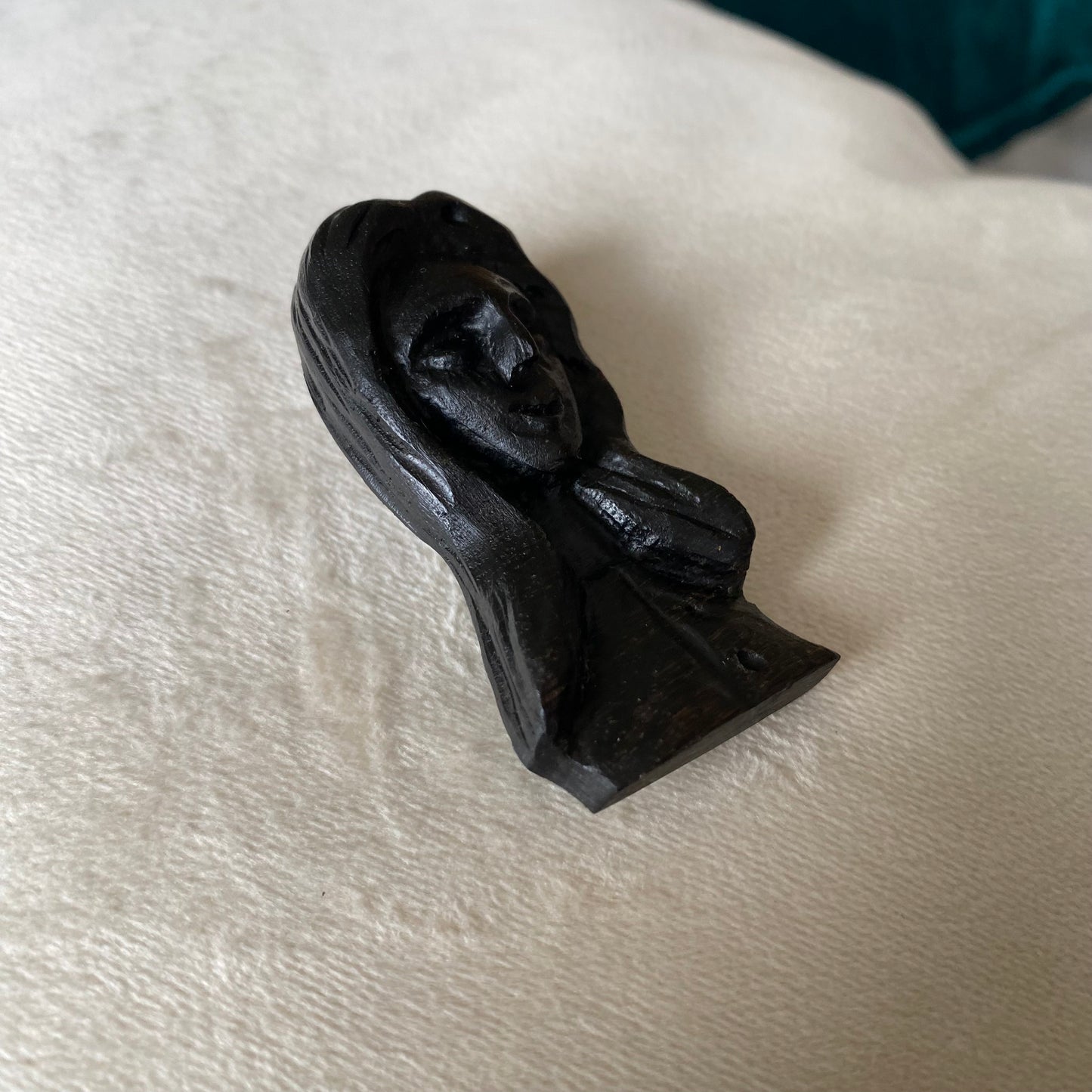 Handmade Irish Bog Oak Carved Female Face Brooch