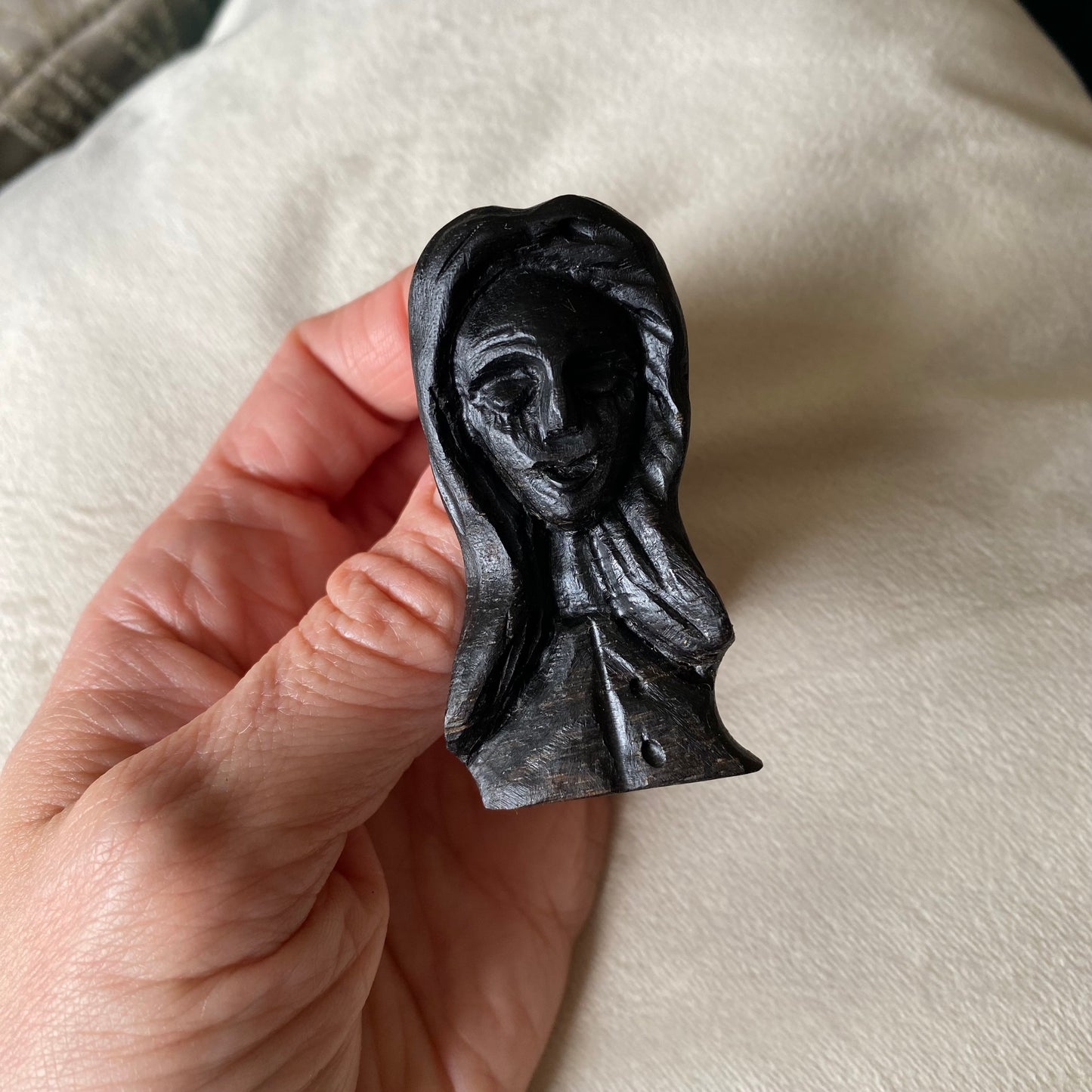 Handmade Irish Bog Oak Carved Female Face Brooch