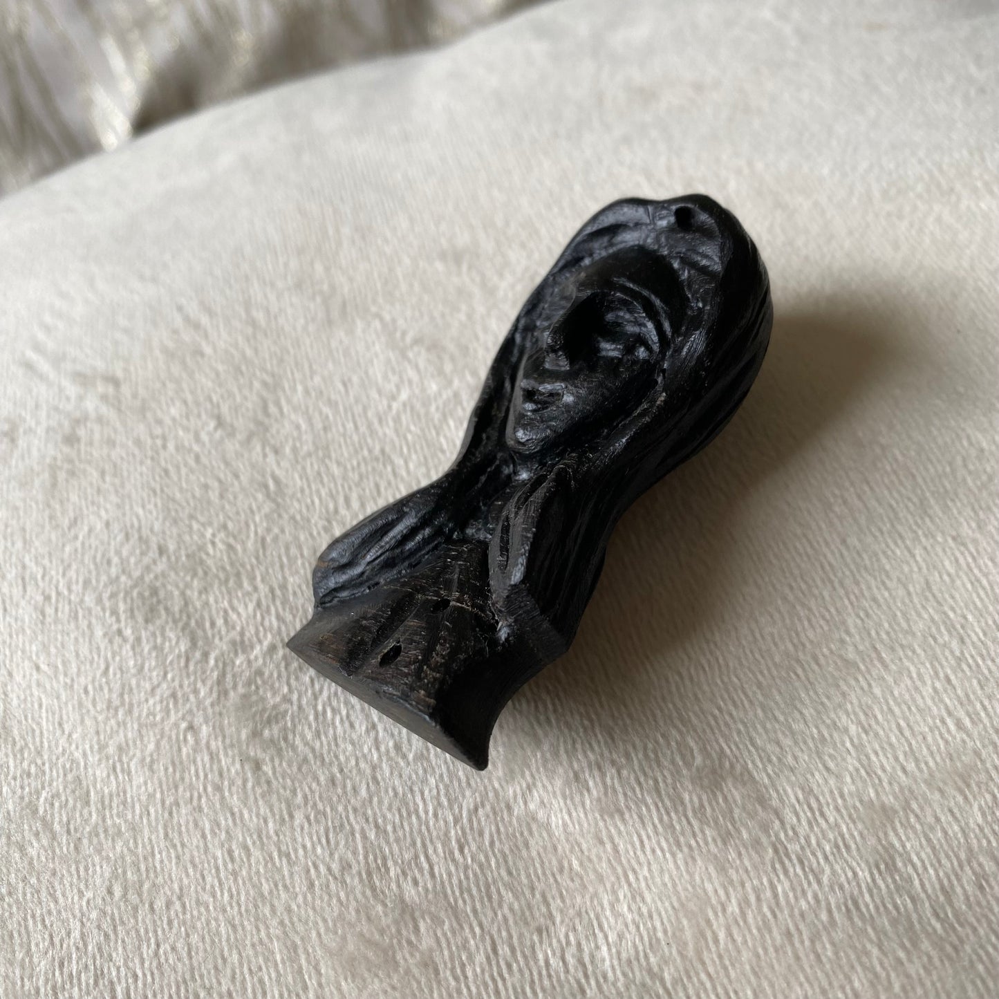 Handmade Irish Bog Oak Carved Female Face Brooch