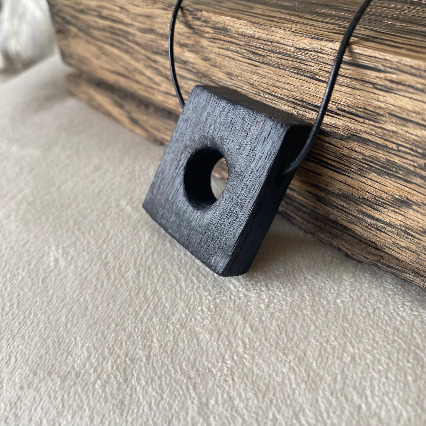Handcrafted Square Necklace with a Hole in the Middle, Made from Irish Bog Oak - A Unique Handmade Gift