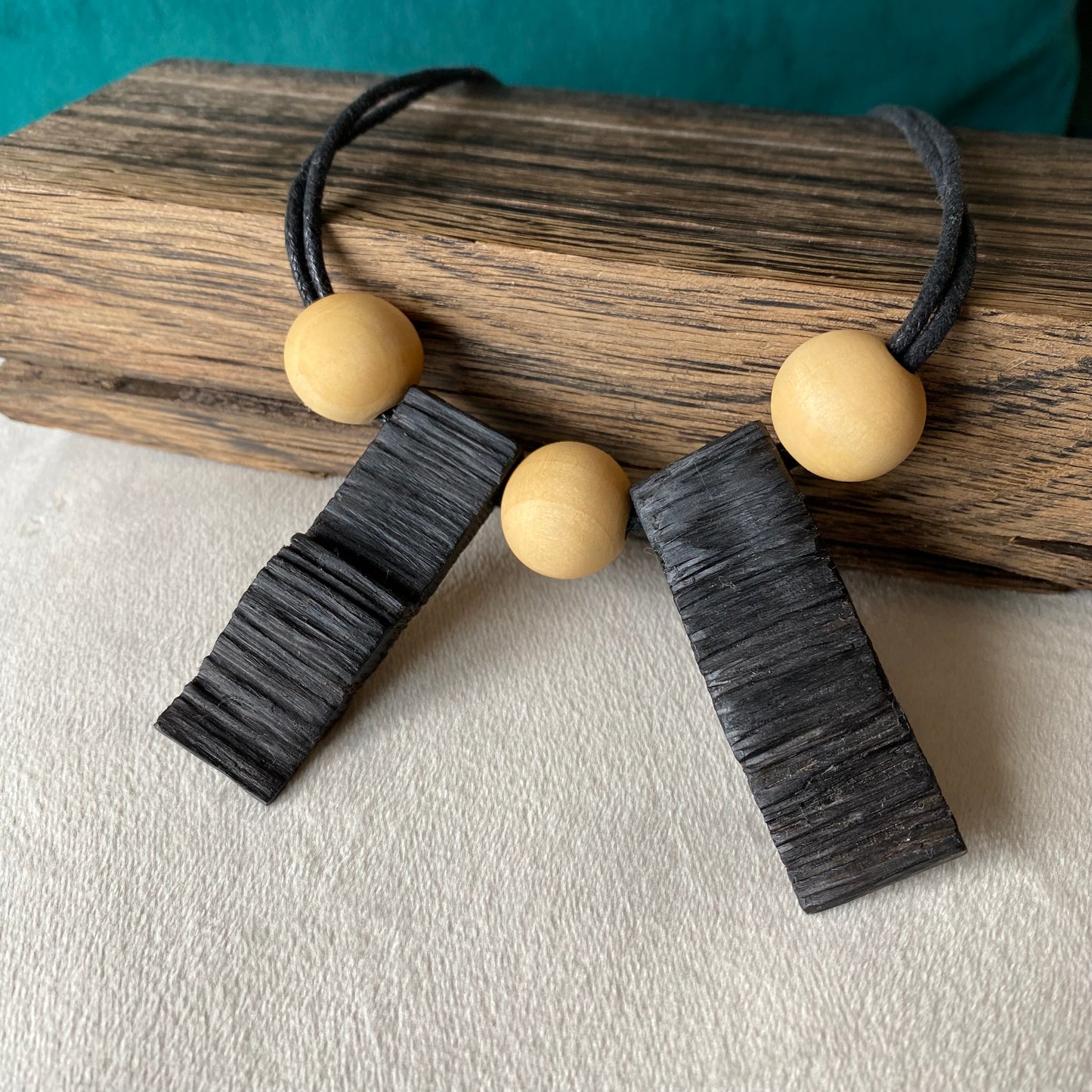 Irish Bog Oak Raw Carved Necklace with Wooden Bead Detail - Handmade Gift