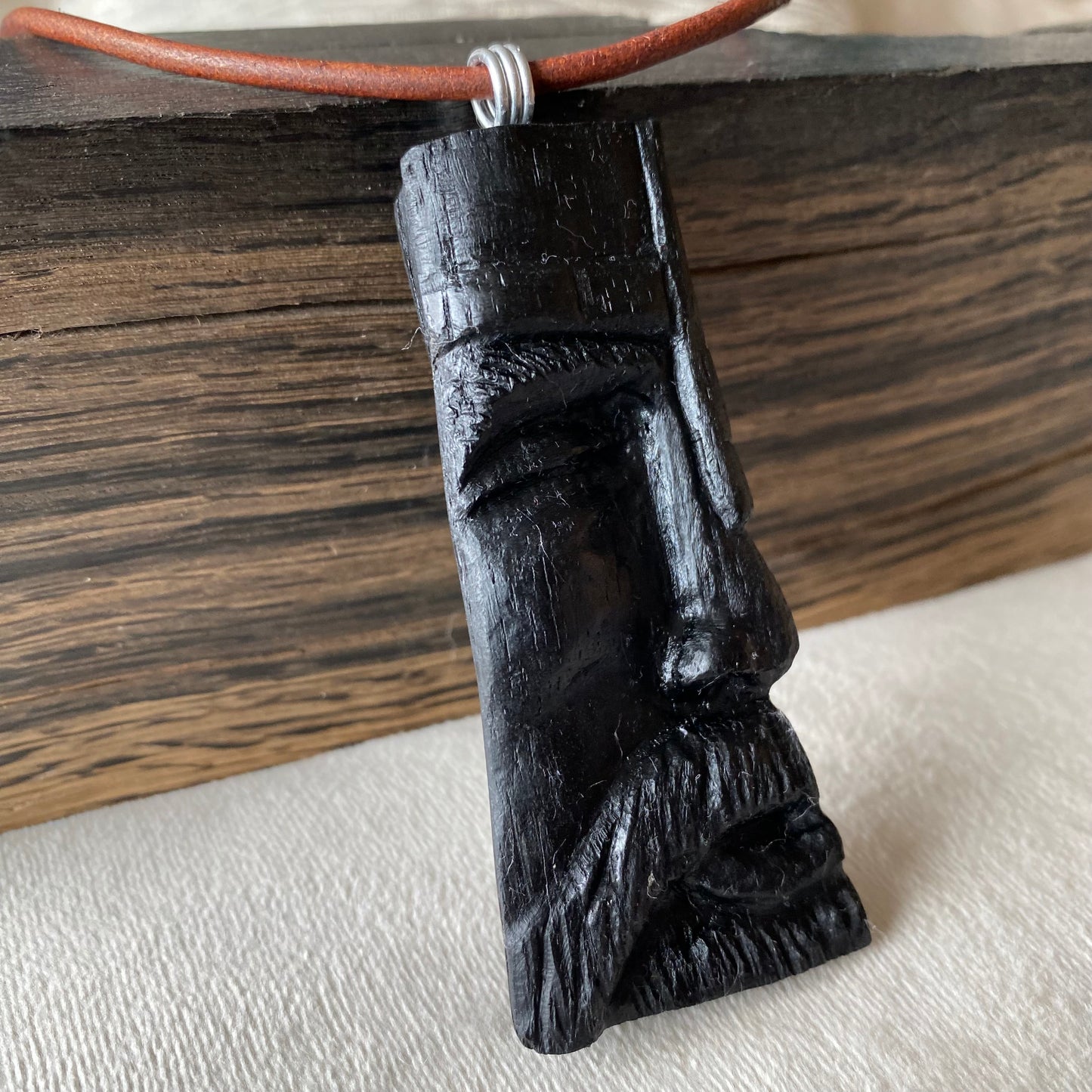 Irish Bog Oak Carved Face Necklace Gift - Handmade