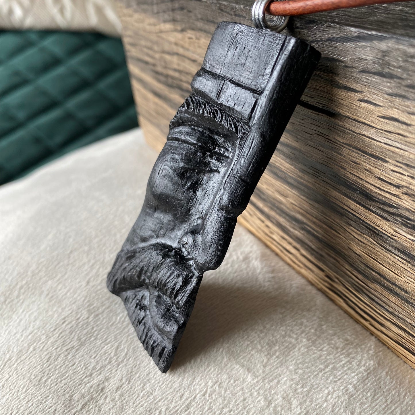 Irish Bog Oak Carved Face Necklace Gift - Handmade
