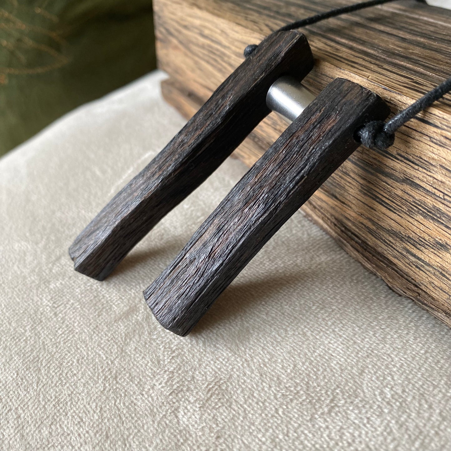 Handcrafted Raw Necklace from Irish Bog Oak with Stainless Steel Tube