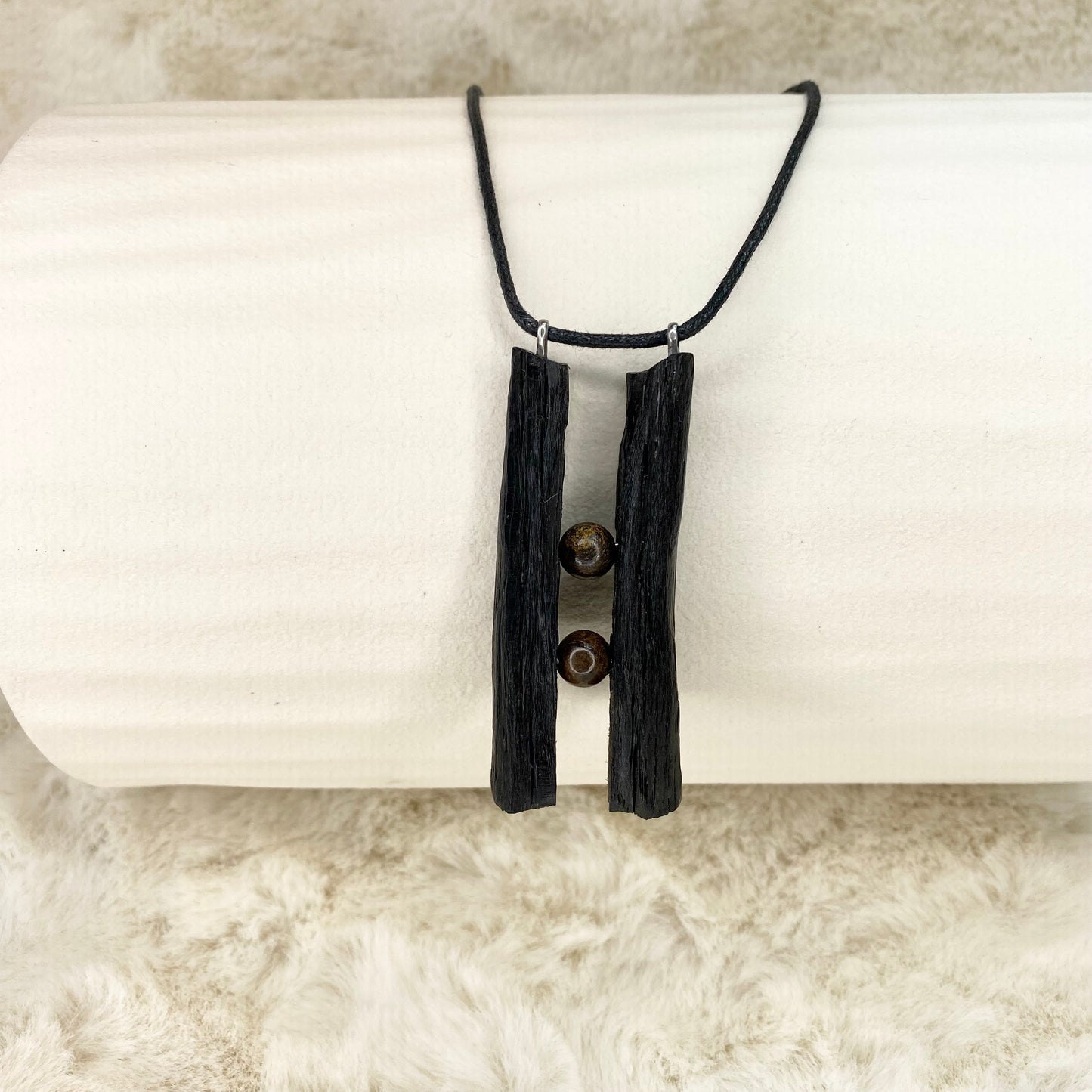 Handmade Irish Bog Oak Necklace with Natural Bronzite - Abstract Jewellery