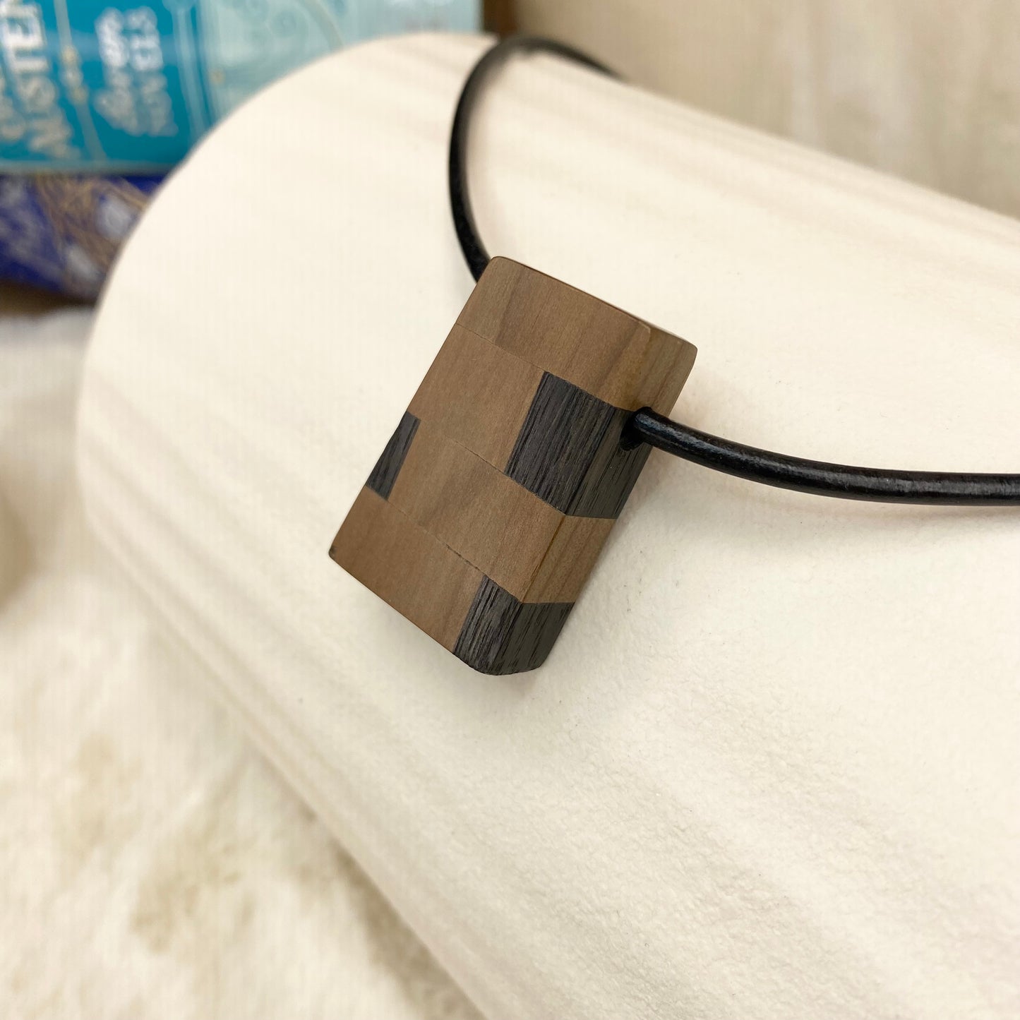 Handcrafted Pendant Necklace with Striped Irish Bog Oak and Bog Yew on Leather Cord