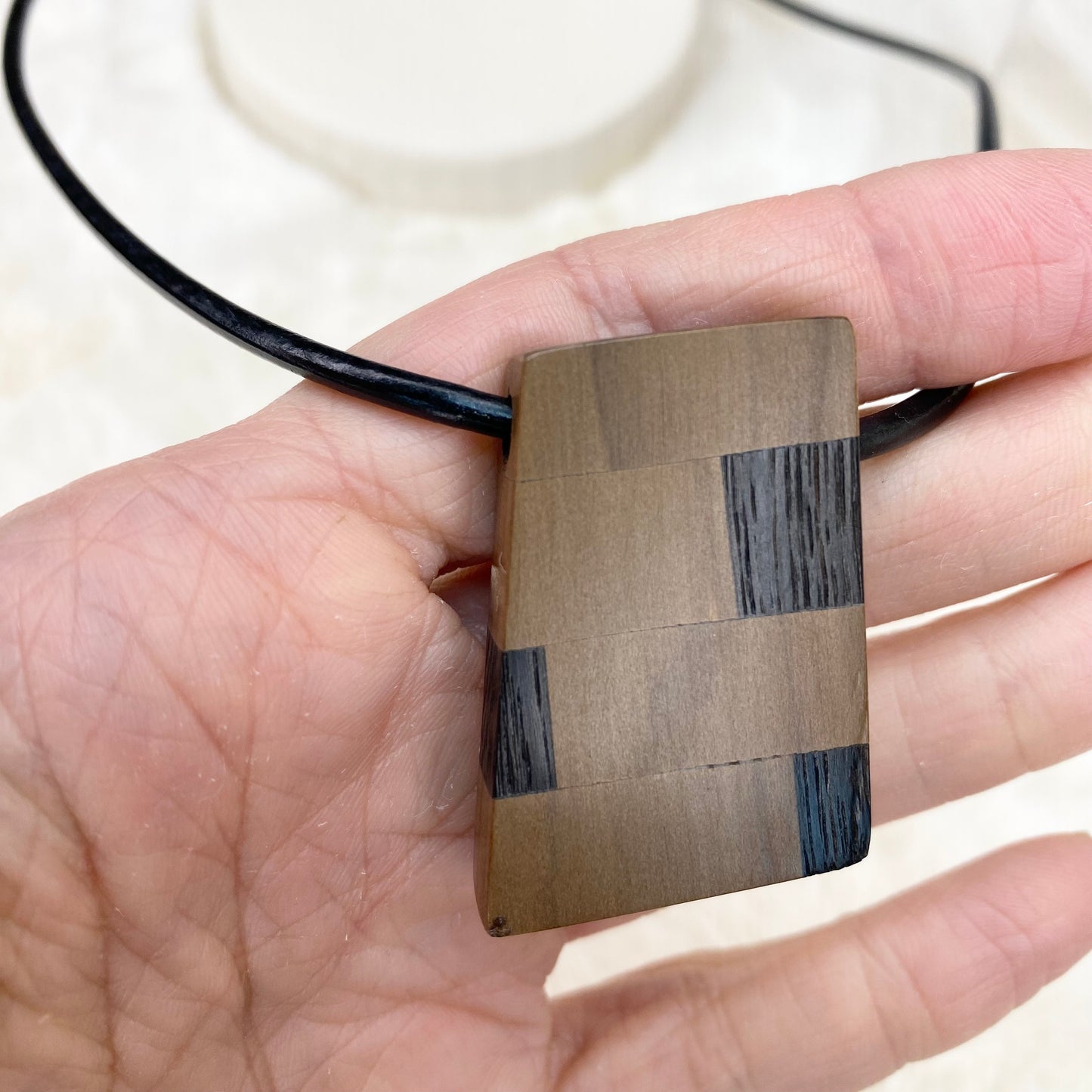 Handcrafted Pendant Necklace with Striped Irish Bog Oak and Bog Yew on Leather Cord