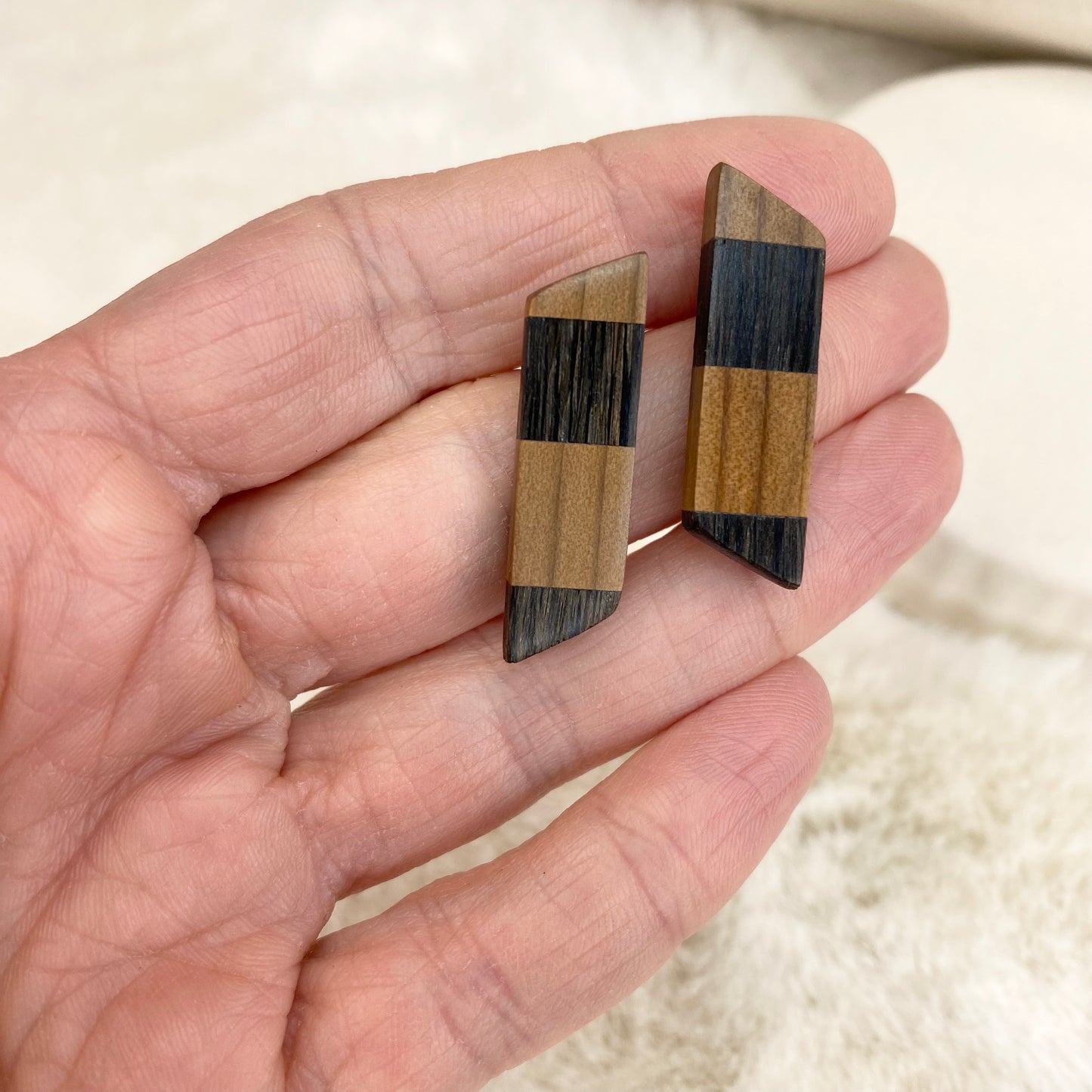 Handcrafted Bog Oak and Yew Wood Geometric Stud Earrings - Modern Design